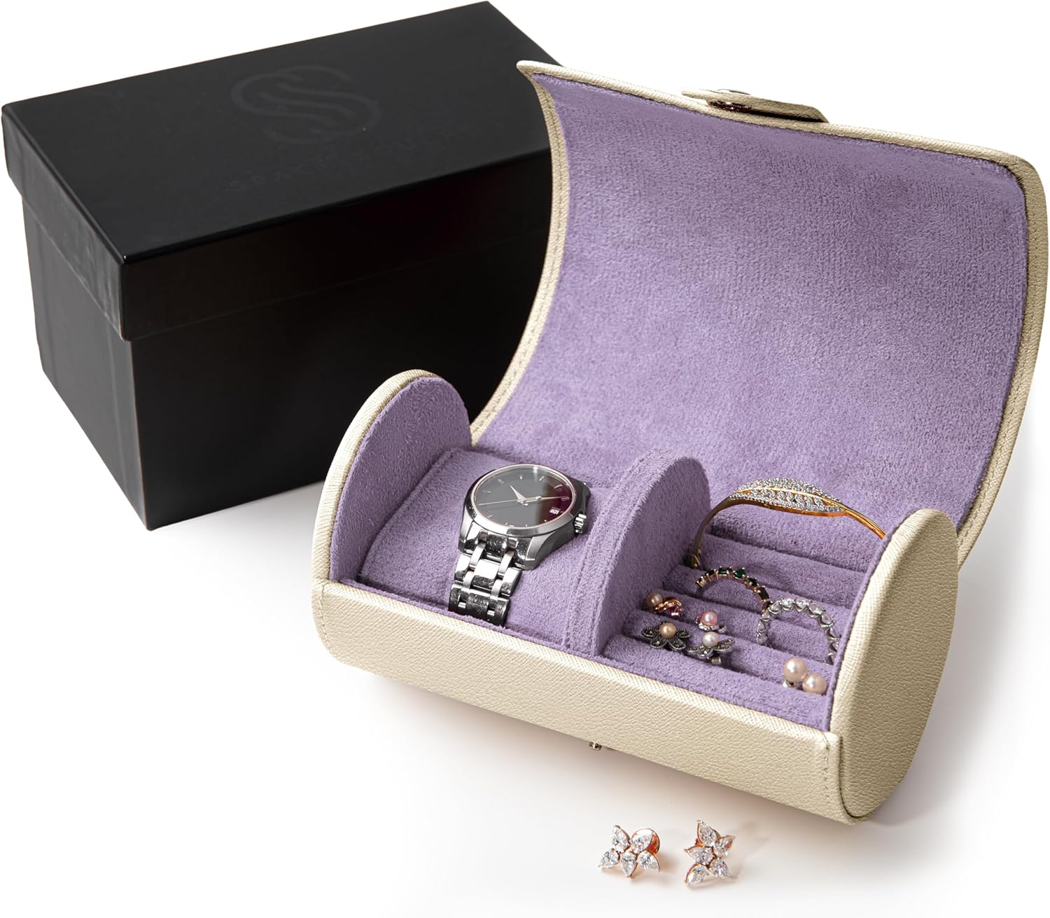 Travel Jewelry Case - Jewelry Organizer Case for Watch, Earring, Bracelet, Ring - Ideal Gift for Women, Travel Case Vegan Leather (Ivory Mist/Lilac Bloom)