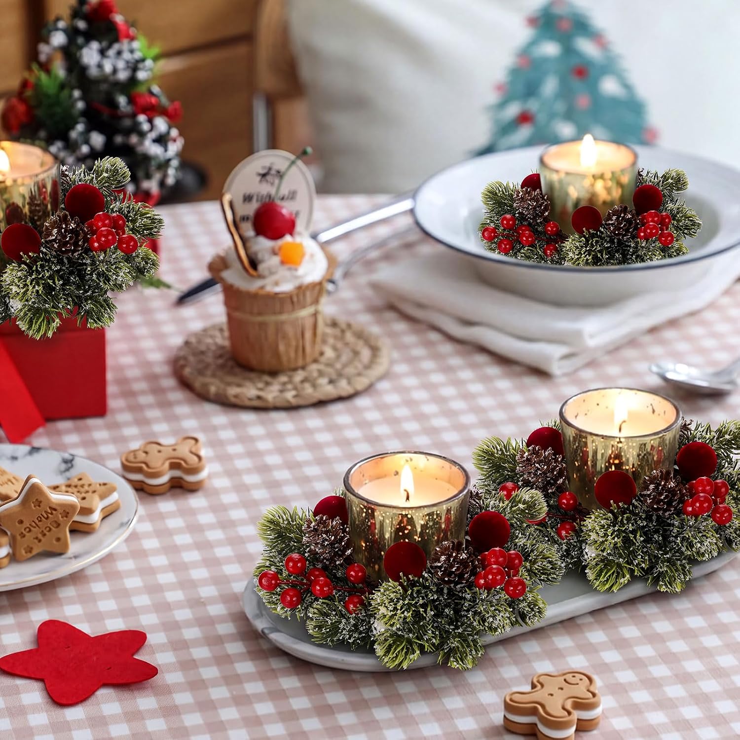 4 Pcs Christmas Candle Ring Wreath, Christmas Tables Decor, Red