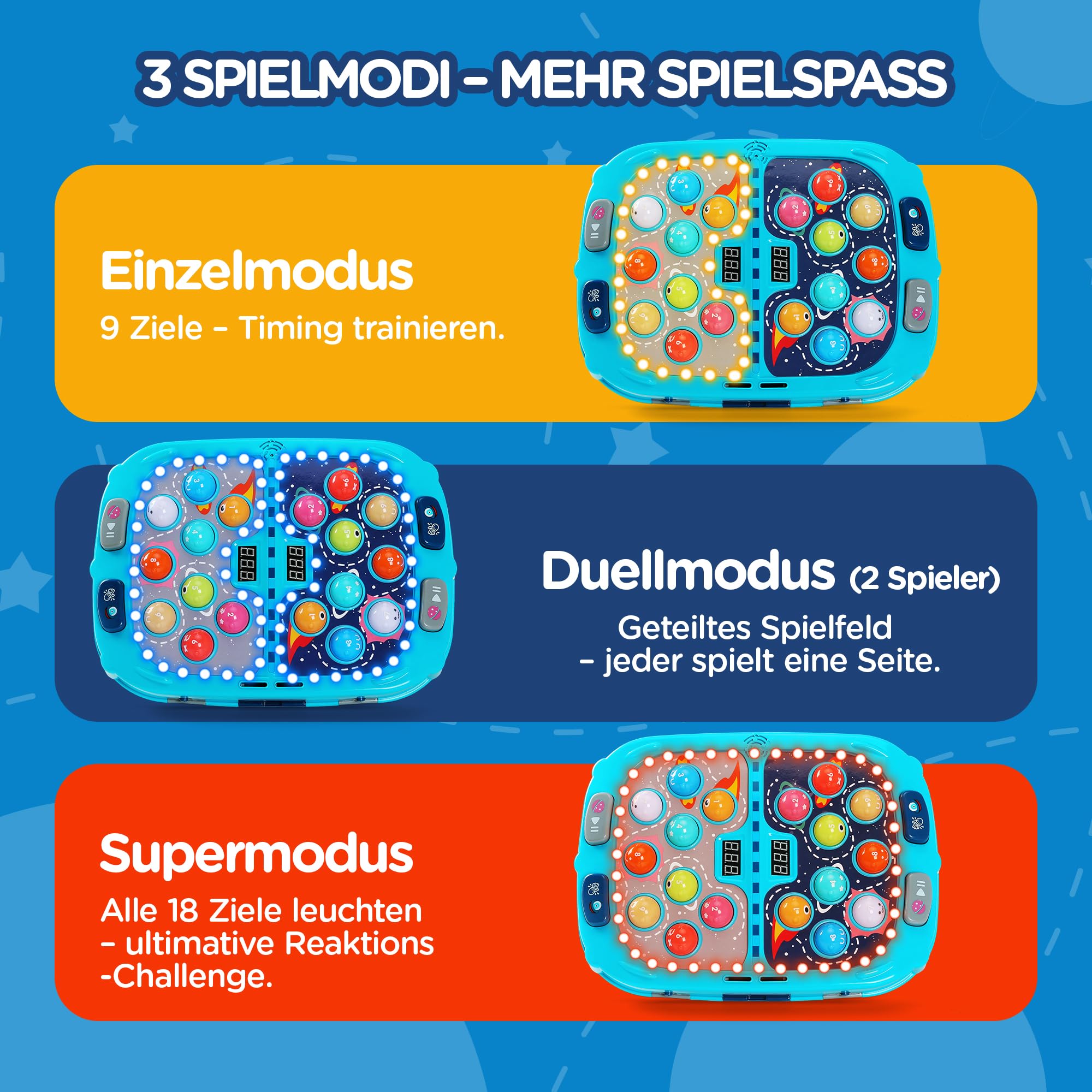 Whack-a-Mole Game for Kids ab 3 Jahren, Schlagspiel mit 18 Leuchtzielen, 2 Hämmern, 3 Spielmodi, 9 Geschwindigkeitsstufen, Reaktionsspiel mit Licht & Sound, Geschicklichkeitsspiel für Jungen & Mädchen