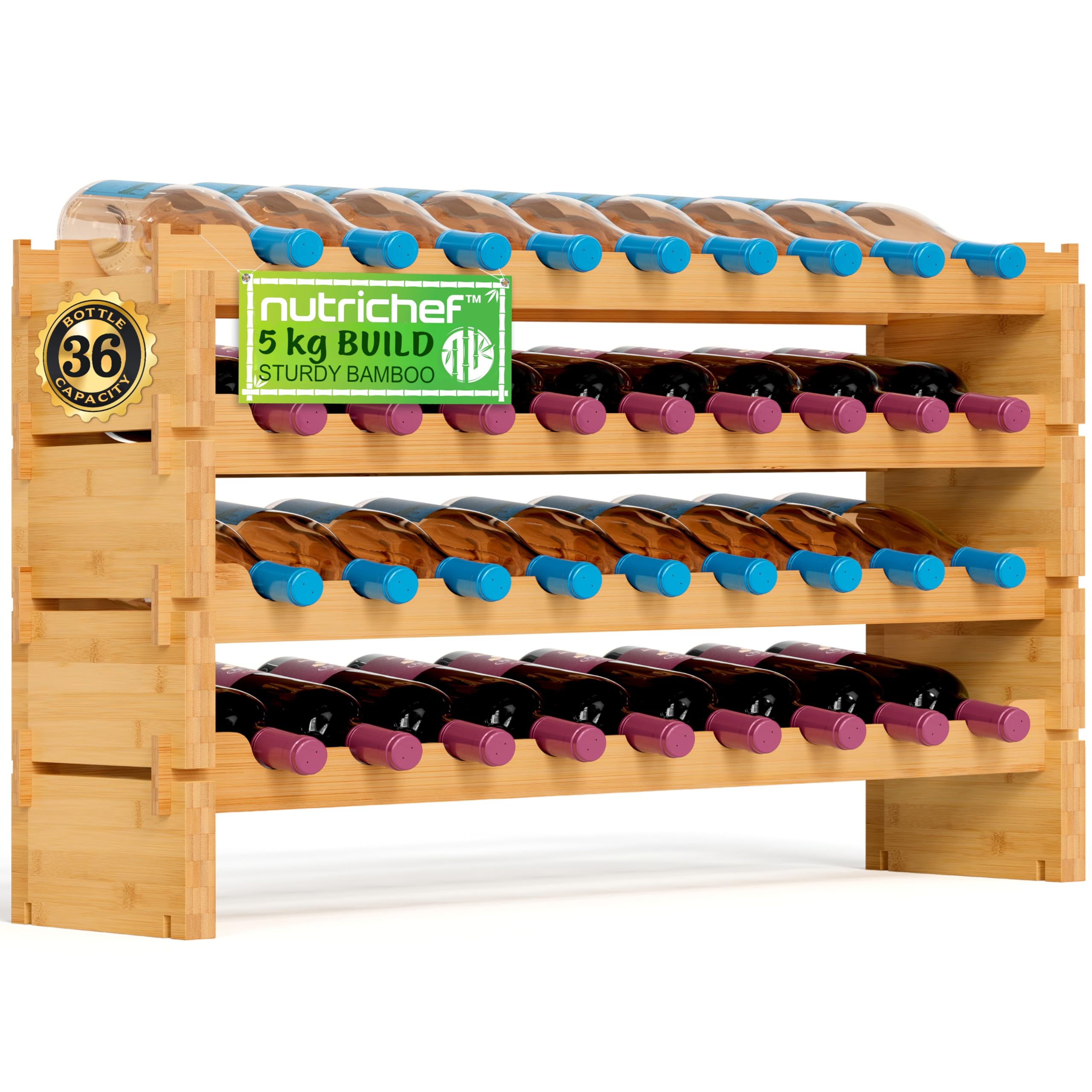 Bamboo Wine Rack 4-Tier – Freestanding Wooden Bottle Storage Shelf for Kitchen or Cellar, Holds 36 Wine Bottles, Stackable Design, Easy No-Tool Assembly, 85 x 25 x 53cm