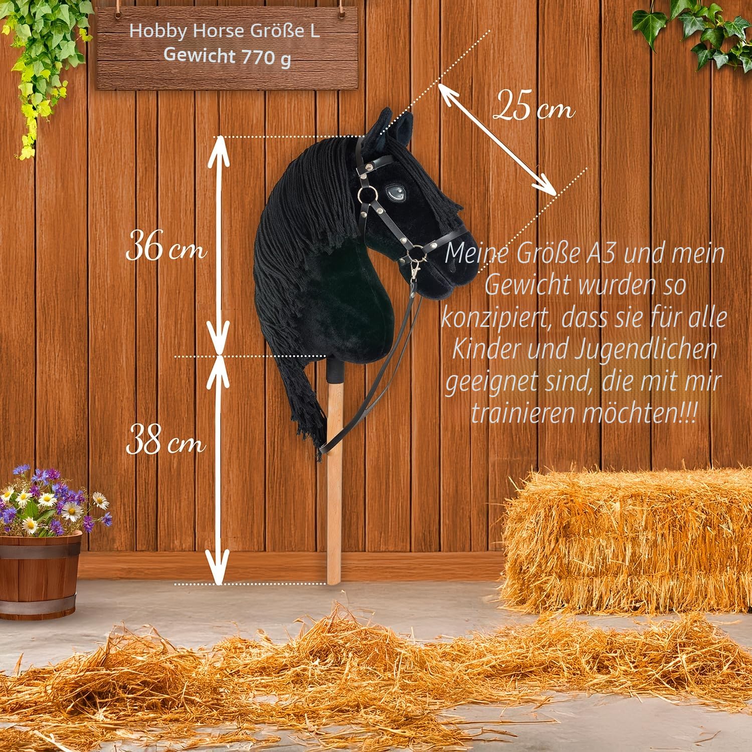 Hobby Horse Friese Schwarz A3 – Steckenpferd Komplettset mit Zaumzeug, Zügeln, Gebiss & weißer Fliegenhaube – Friesenpferd Spielzeug für Kinder