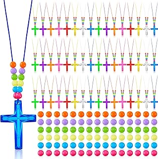 Equsion 624 Pcs DIY Cross Plastic Cross Pendant Necklace Include 48 Pcs Crystal Cross Necklace with 576 Colorful Assorted Beads Religious Favors for Sunday School Christian Easter Favor Boy Girl