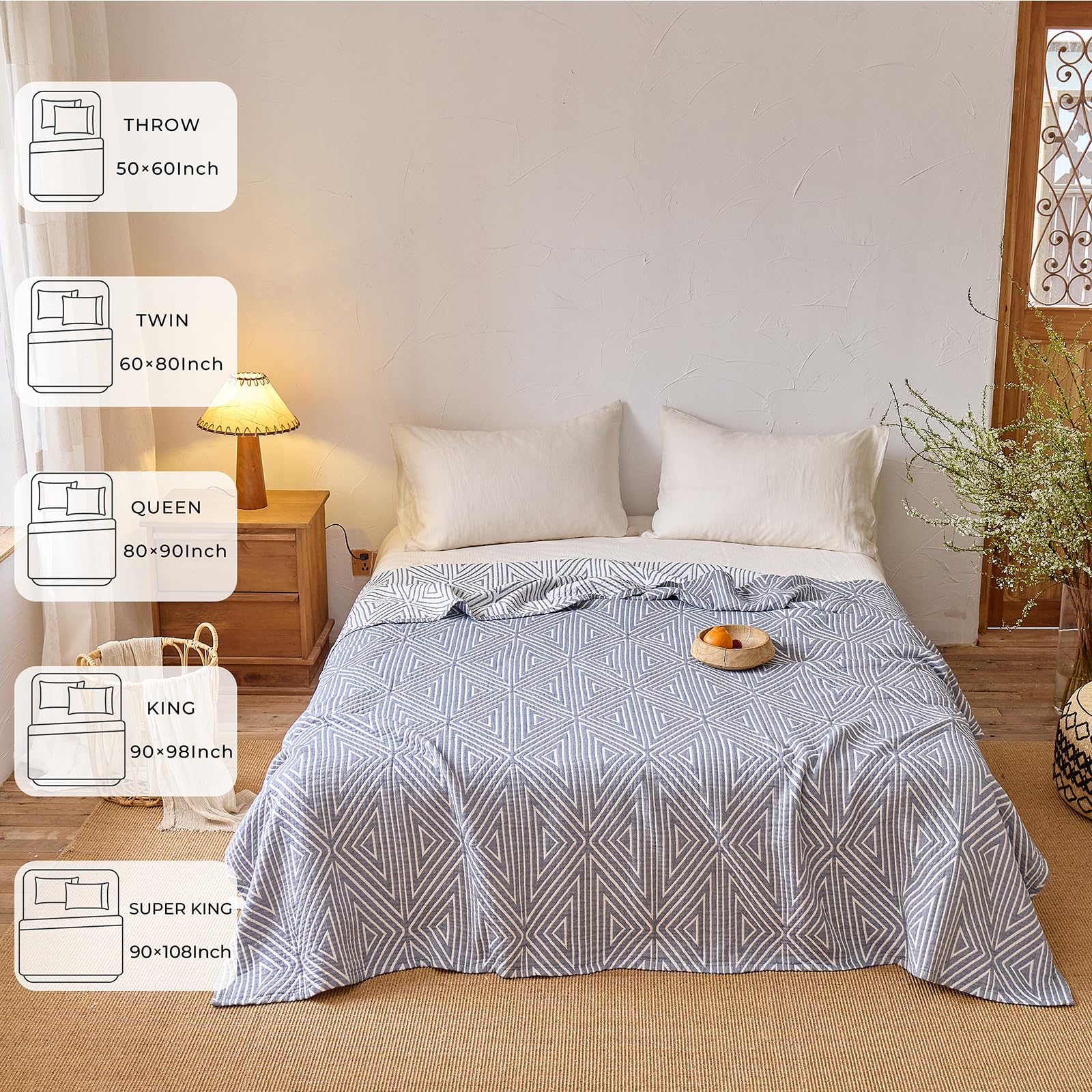 HOORDRY Musselin-Überwurfdecke, 100 % Baumwolle, doppelseitig, Sofaüberwurf, groß, 3-Sitzer, 200 x 230 cm, weich, gemütlich, leicht, Überwurf für Sofas und Bett, Ganzjahres-Tagesdecke, grau