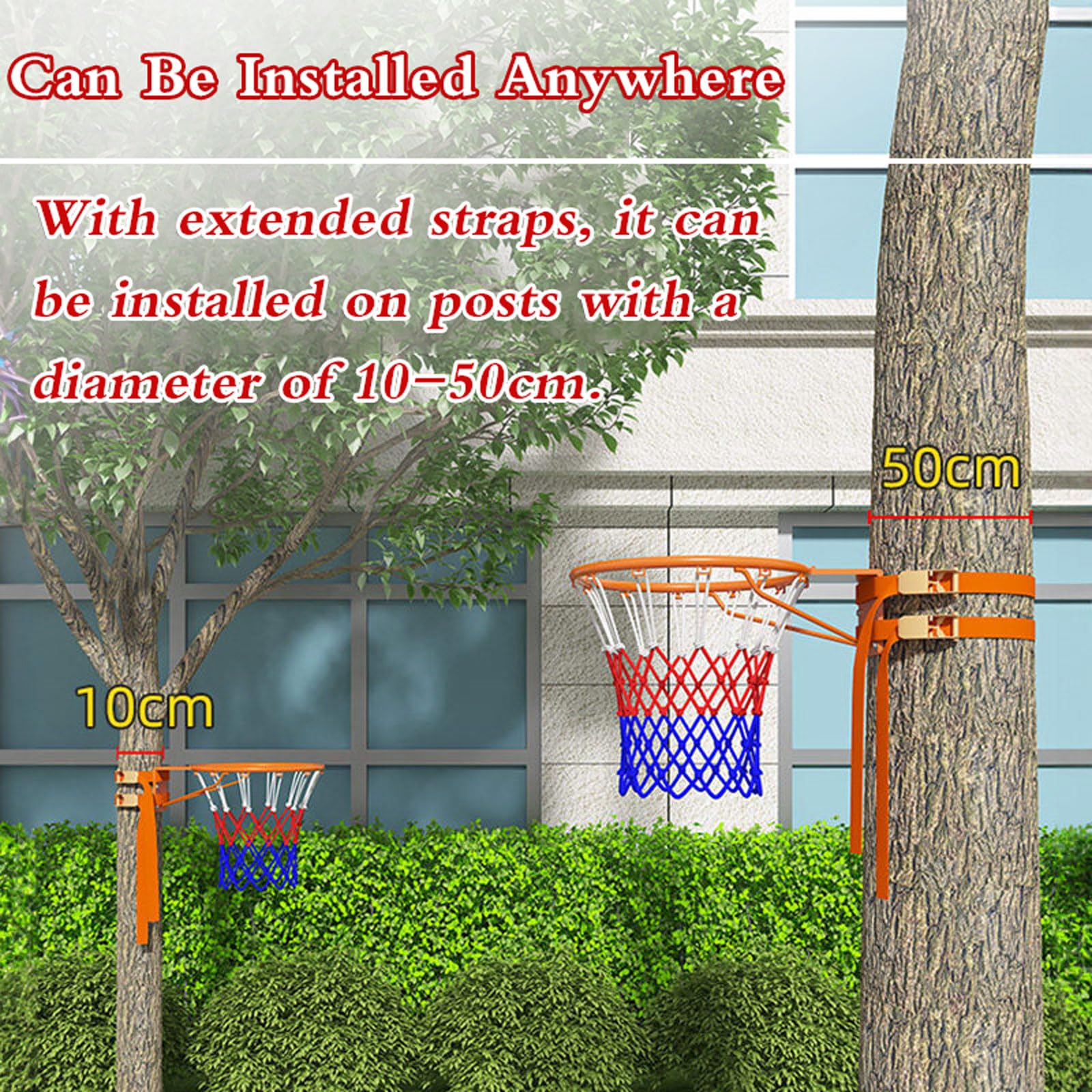 Aro de Baloncesto de Pared Exterior,Canasta Baloncesto Exterior Pared,Marcos De Red De Baloncesto Desmontable Portátil,con Correas Ajustables,para áRboles,Columna Redonda,Hierro