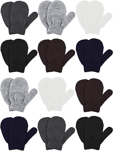 Boao Paquete de 12 pares de manoplas para niños pequeños, paquete de guantes de punto de invierno para niños y niñas