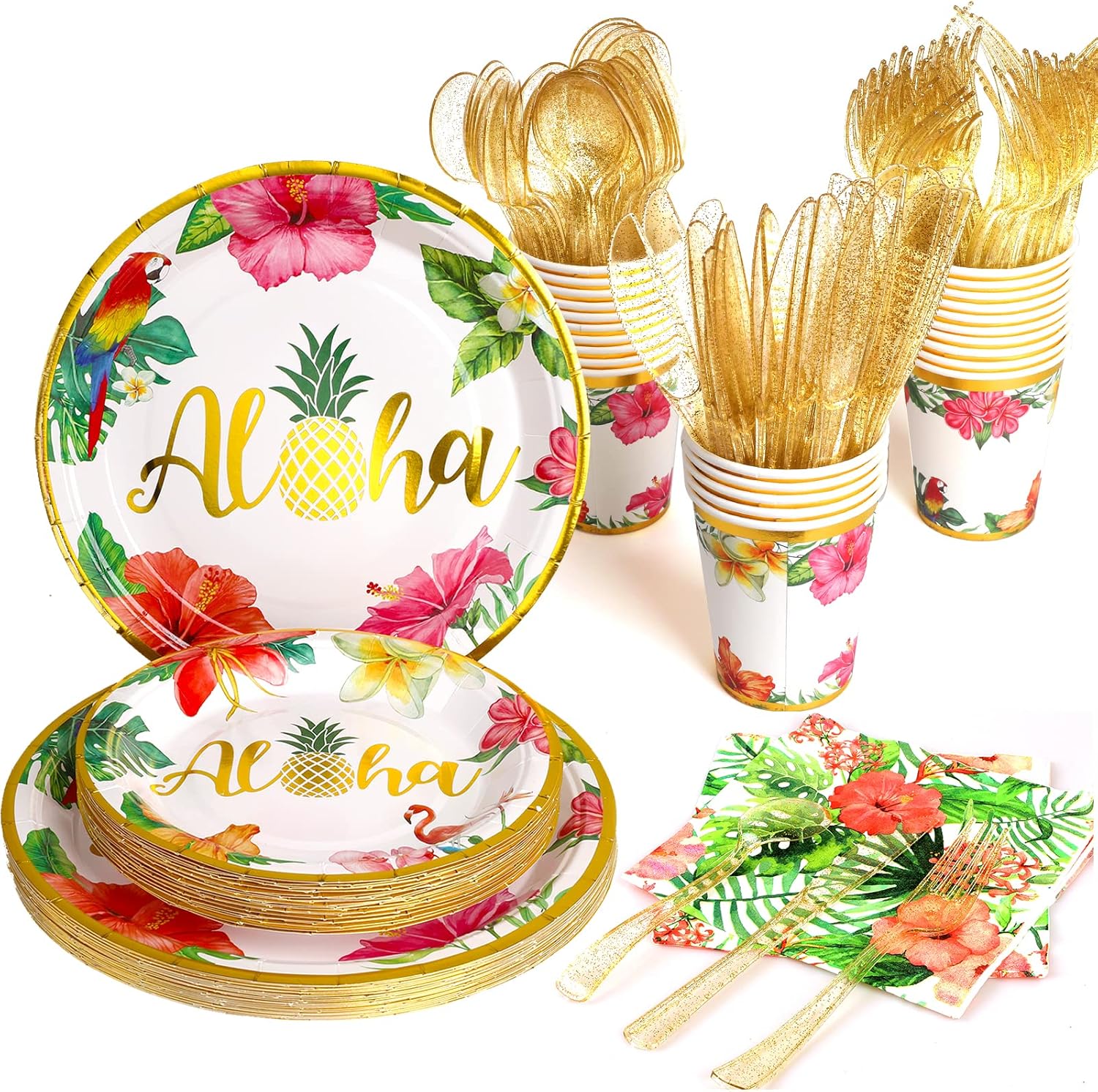 Hawaiian Tropical Luau Party Decorations Supplies, 175 PCS Aloha Birthday Disposable Dinnerware Set (25 Guest) With Paper Plates Cup Napkin Plastic Fork Knives Spoon for Summer Holiday
