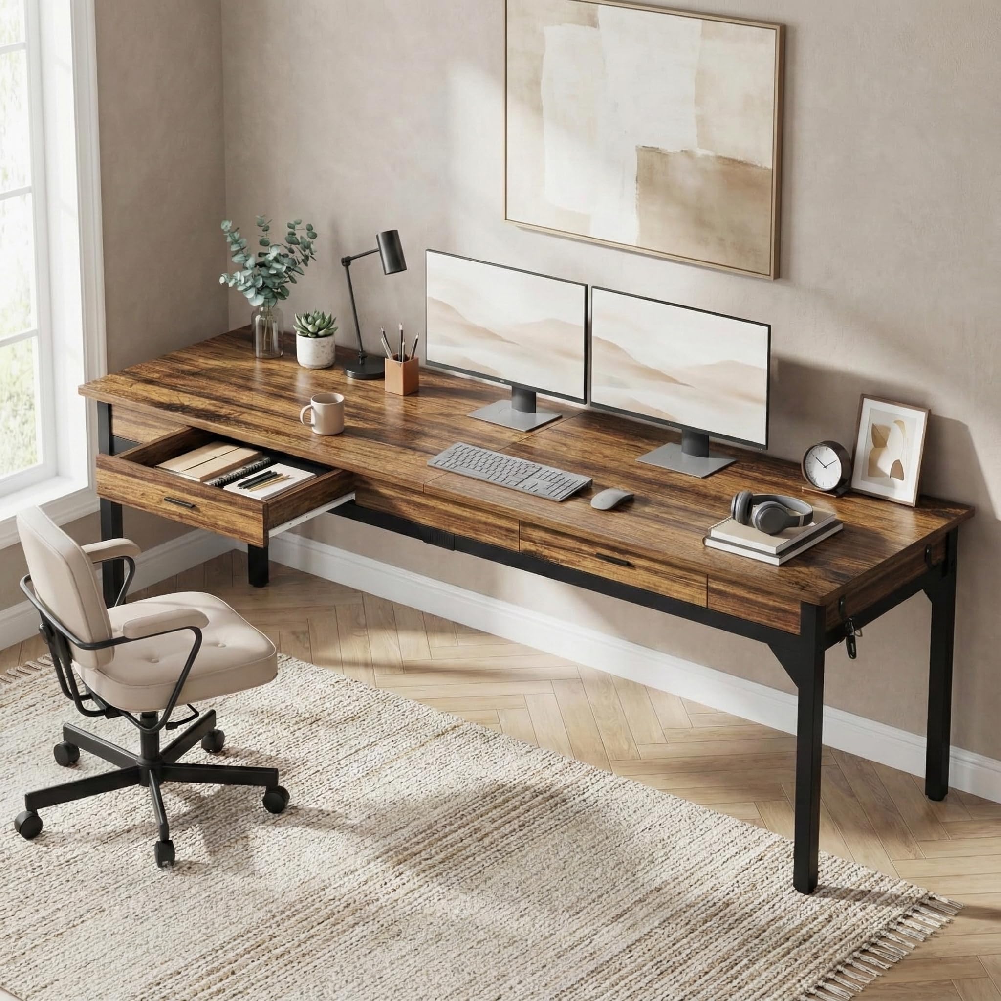Lailang 200cm Escritorio de Computadora, Mesa Escritorio Grande, Mesa de Oficina despacho, Escritorio con Cajones, Mesa con cajones Madera, Escritorio 2 Metros, 200 x 60 x 82 cm, Marrón Rústico