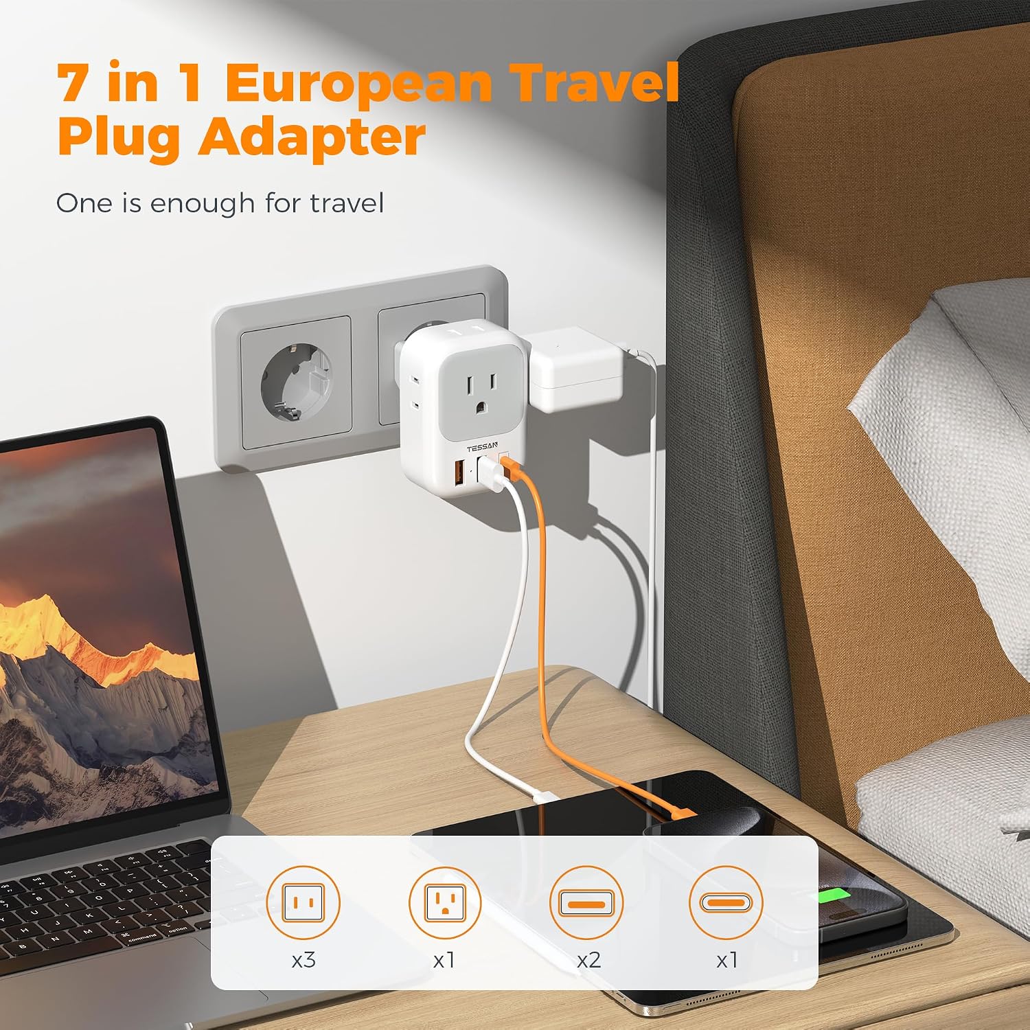 TESSAN European Travel Plug Adapter with 4 AC 3 USB (1 USB C PD 20W), Foldable Plug Type C, for US to Most of EU (Spain, France, Italy, Germany, Portugal, Iceland)