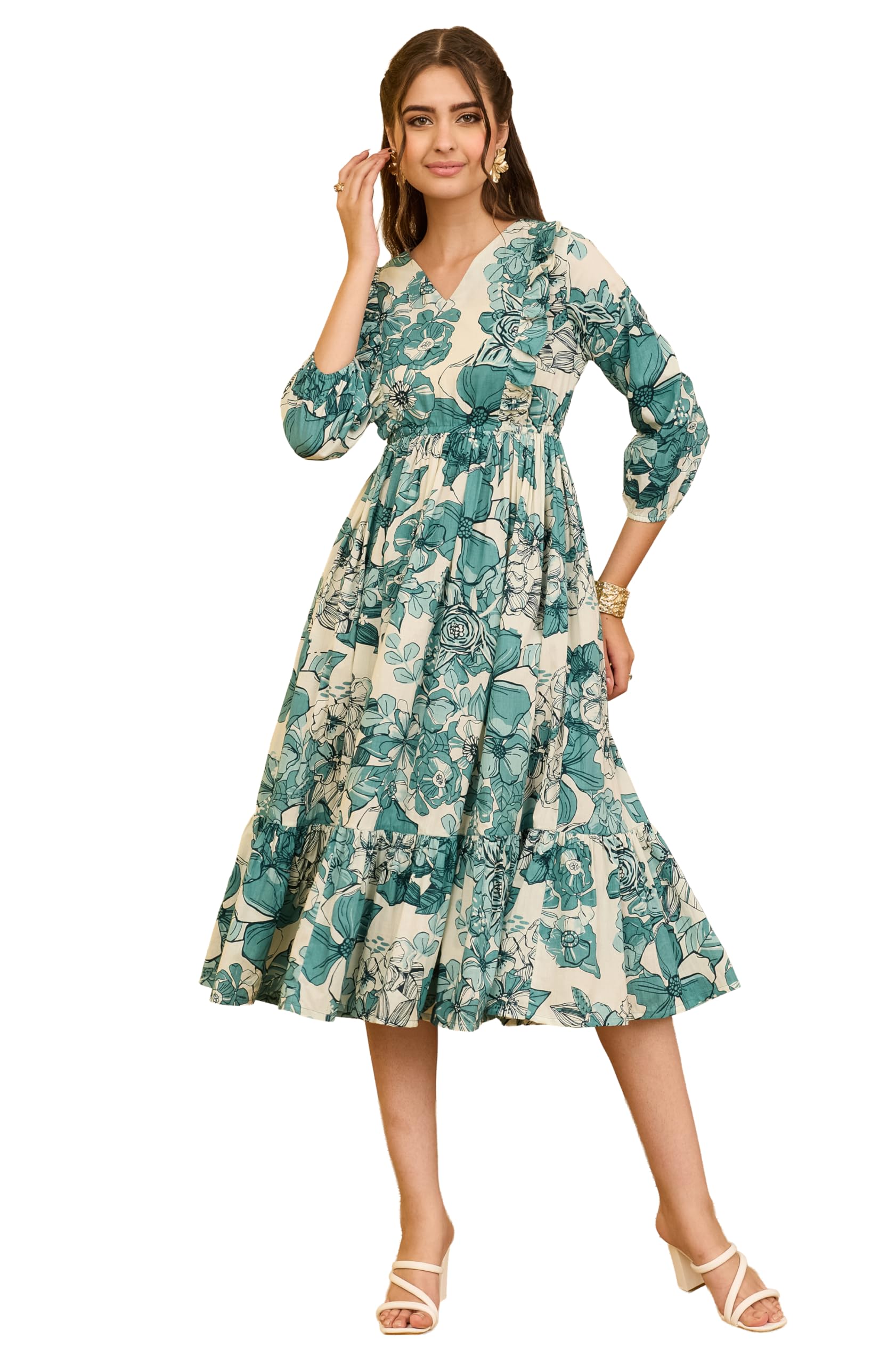 janasya Women's Off White Pure Cotton Floral Printed Fit & Flare Dress-picture-34