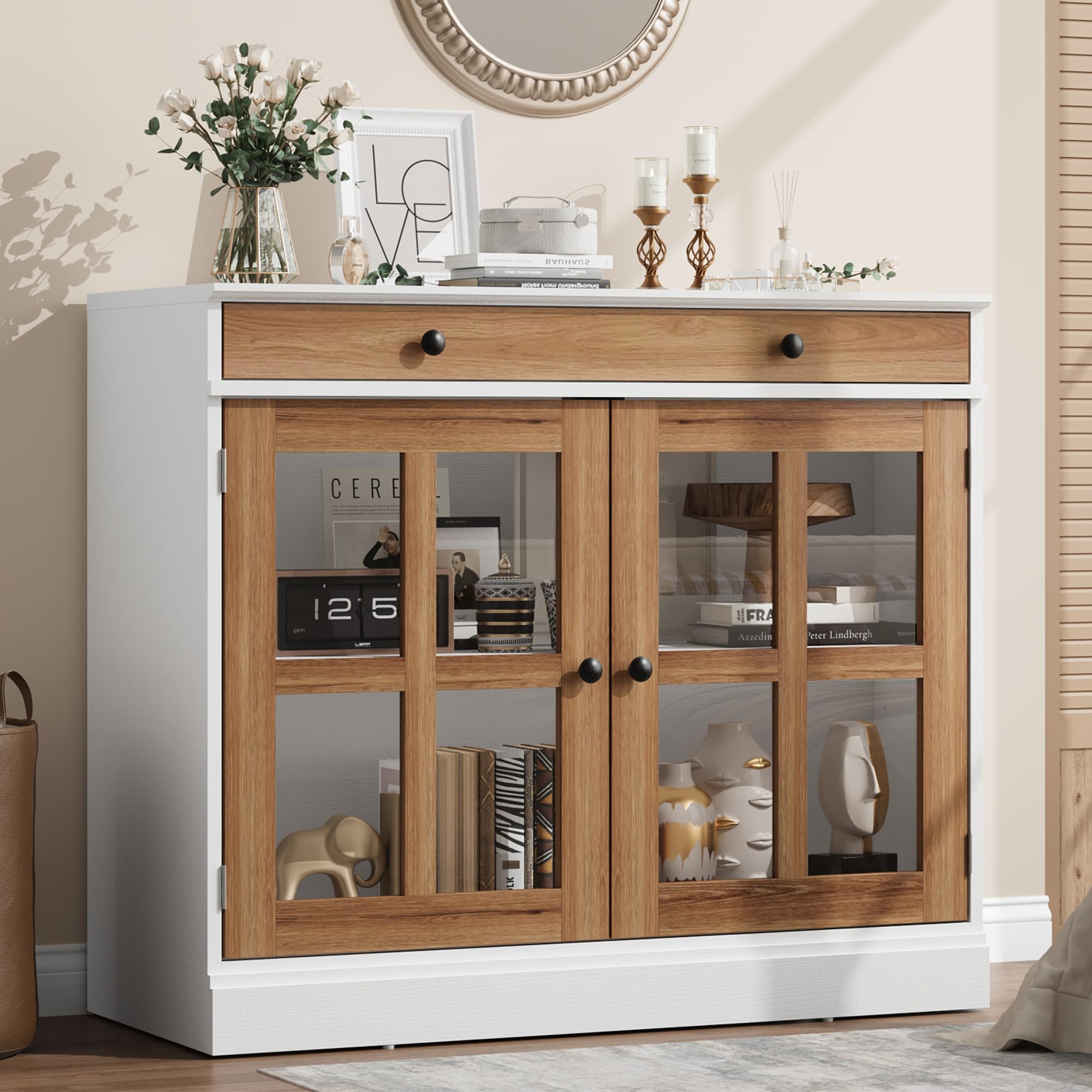 GarveeHome 35.4 in Sideboard Buffet Cabinets with Glass Door, Buffet Cabinet with Storage, White&Brown Sideboard Cabinet with Drawer, Modern Buffets &