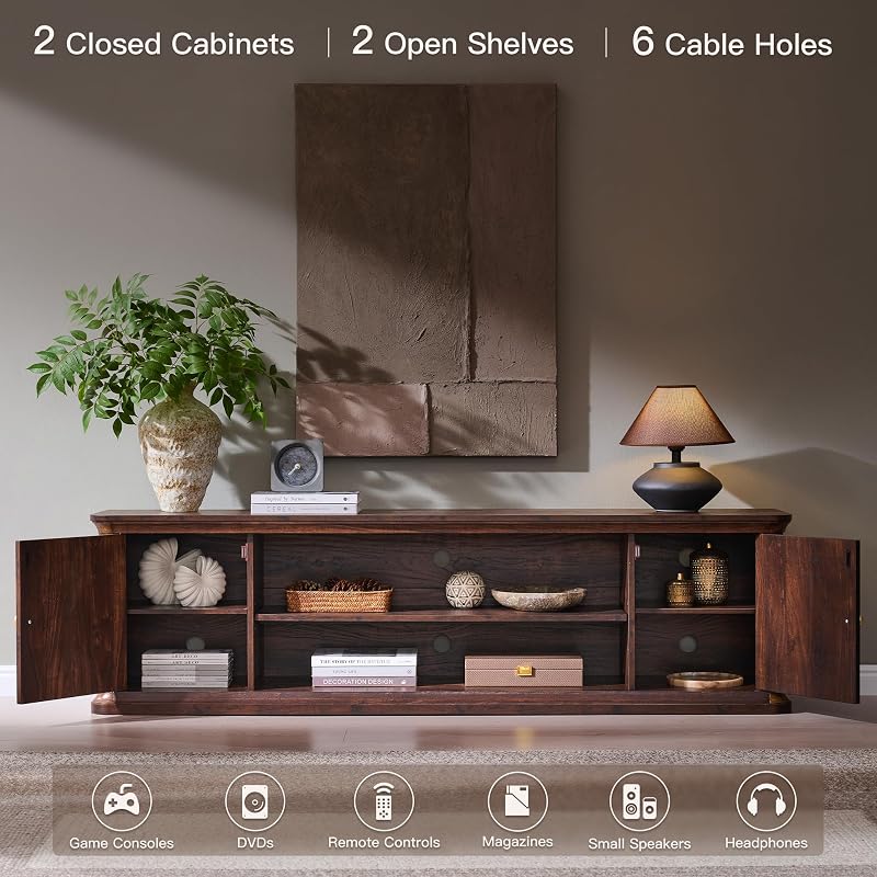 Modern 70" TV Stand w/Storage, Wood Curved TV Console, Brown image 4