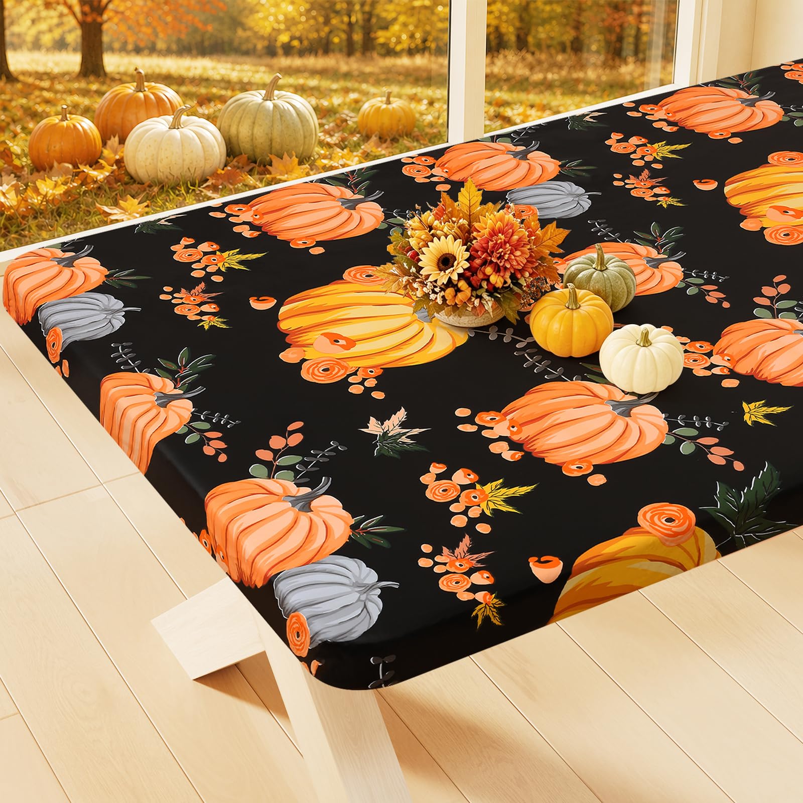 Smiry Halloween Fitted Table Cover, 6 FT Flannel Backed Vinyl Tablecloth
