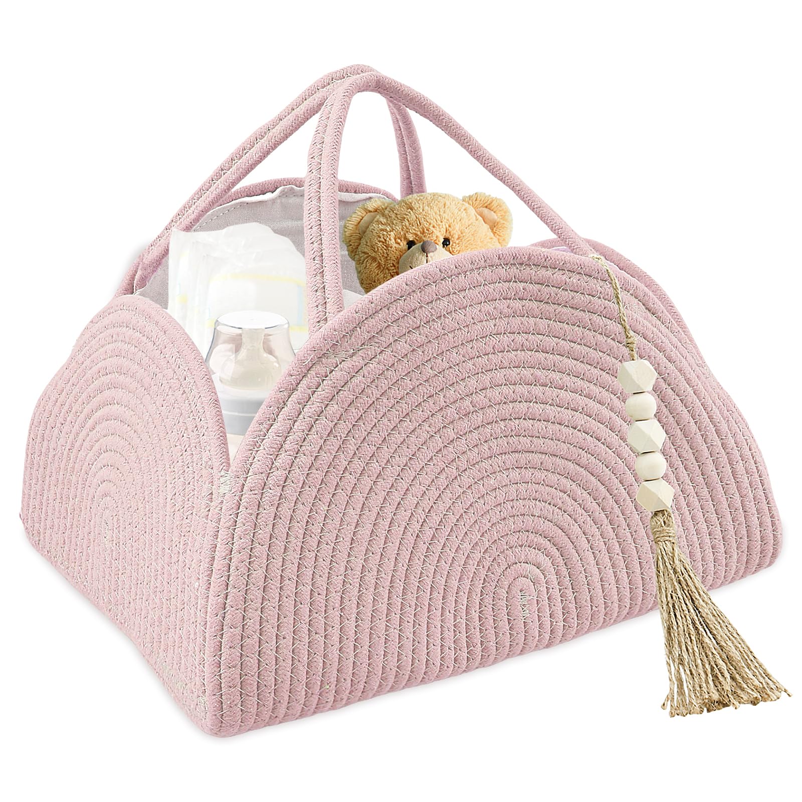 GUIJZSLTRG Baby Nappy Caddy Organiser Arc Design Cotton Rope Woven Diaper Caddy Basket Large Capacity Nursery Storage Basket with Handle Portable Car Diaper Bag, Baby Shower Gifts for Newborn(Pink) — image 1