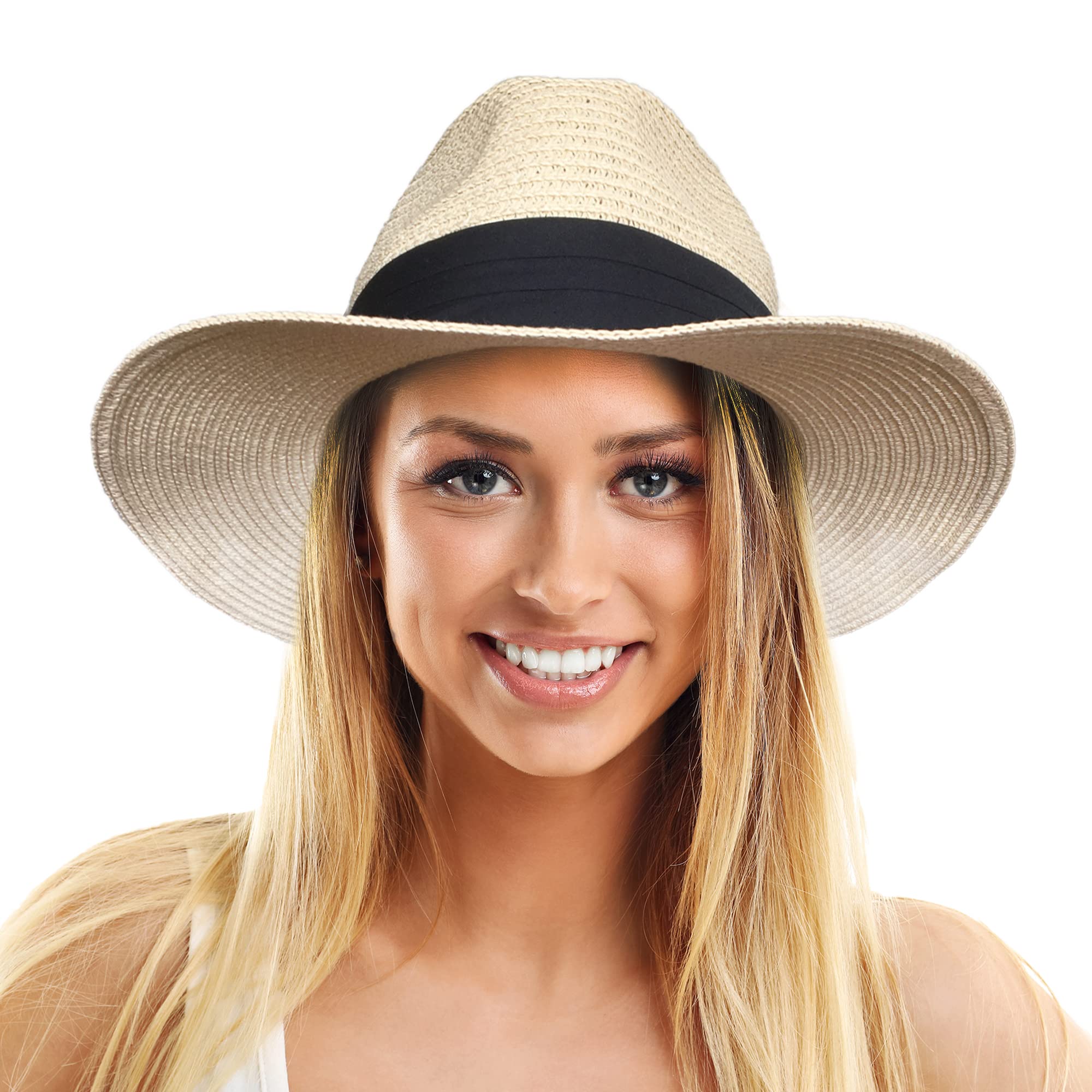 TOSKATOKSombrero de Paja clásico para Hombre, Panamá, Fedora, Playa, UPF 50+, tamaño Ajustable, ala Ancha