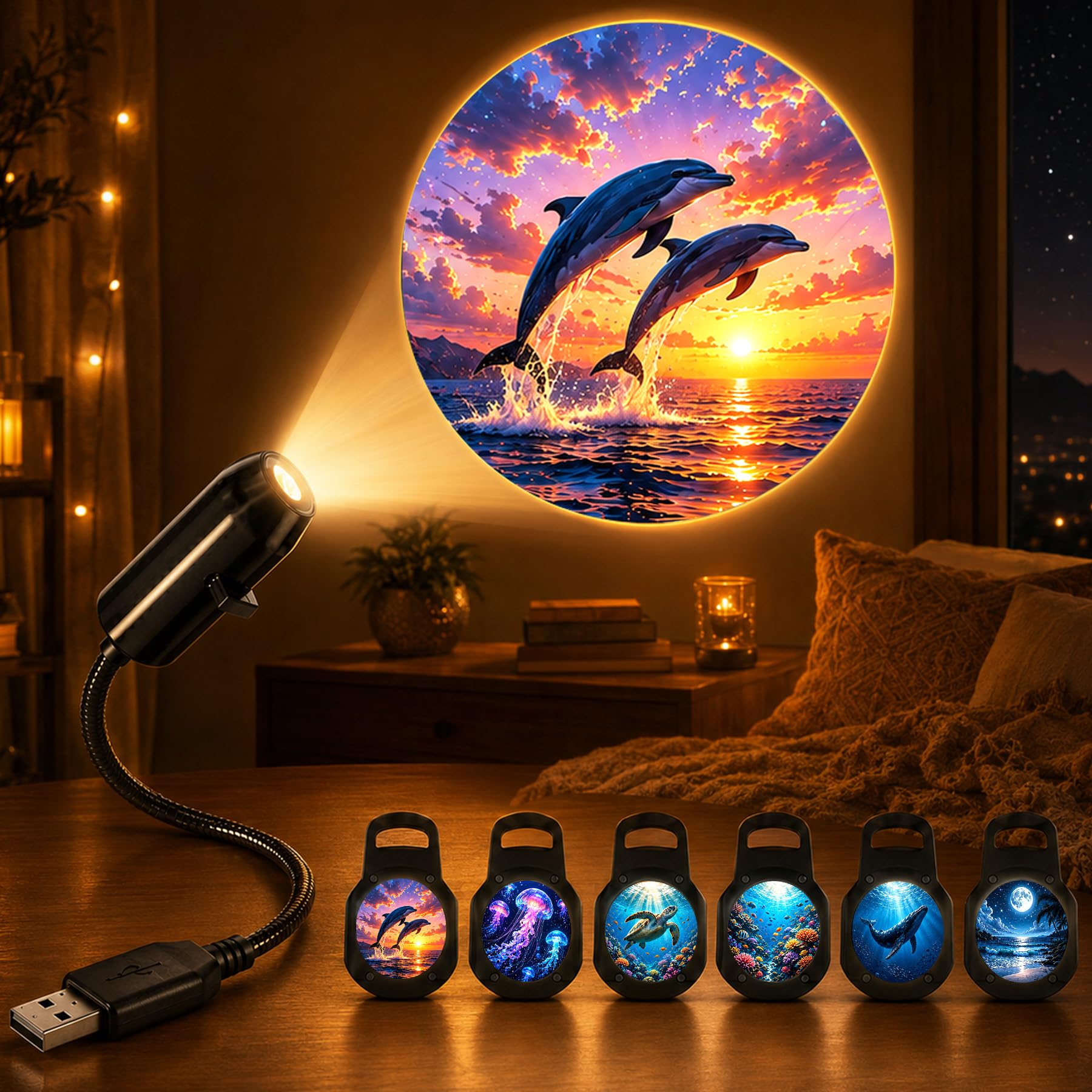 Ocean Projector Night Light, 2-in-1 USB Mini Projection Light with Switch