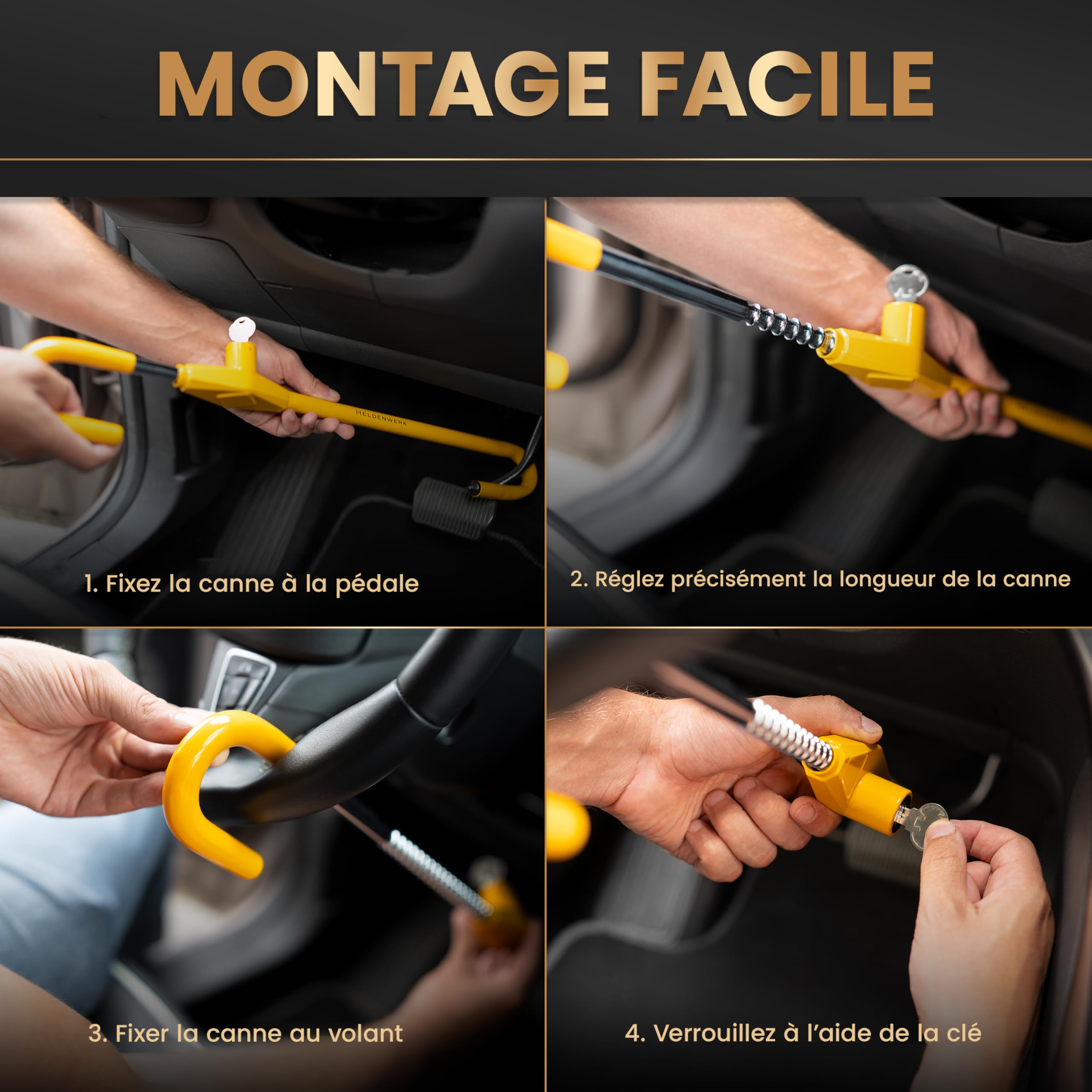 HELDENWERK Canne Antivol Voiture Volant pour la protection Antivol - Bloque Volant Voiture universal - Barre Antivol Voiture, Bloc Volant Auto – Antivols Auto, Antivol Volant pour Voiture, Camping Car