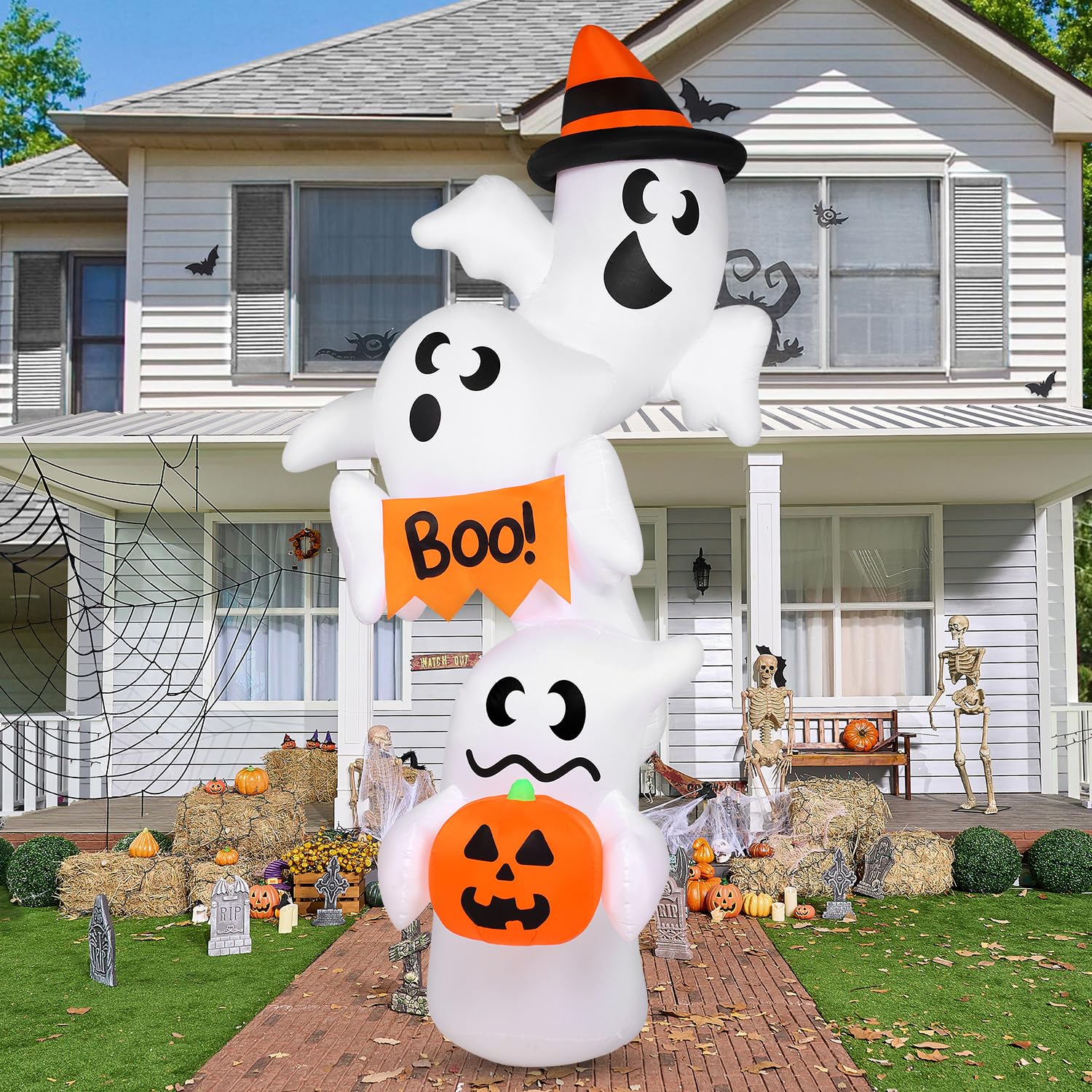 JOYIN 2,7 m hoher aufblasbarer Halloween-Geist Outdoor-Dekorationen, riesiger überlappender Geist, aufblasbare Dekoration mit LEDs, aufblasbarer Hofdekorationen für Halloween-Party, Garten, Rasen, Hof