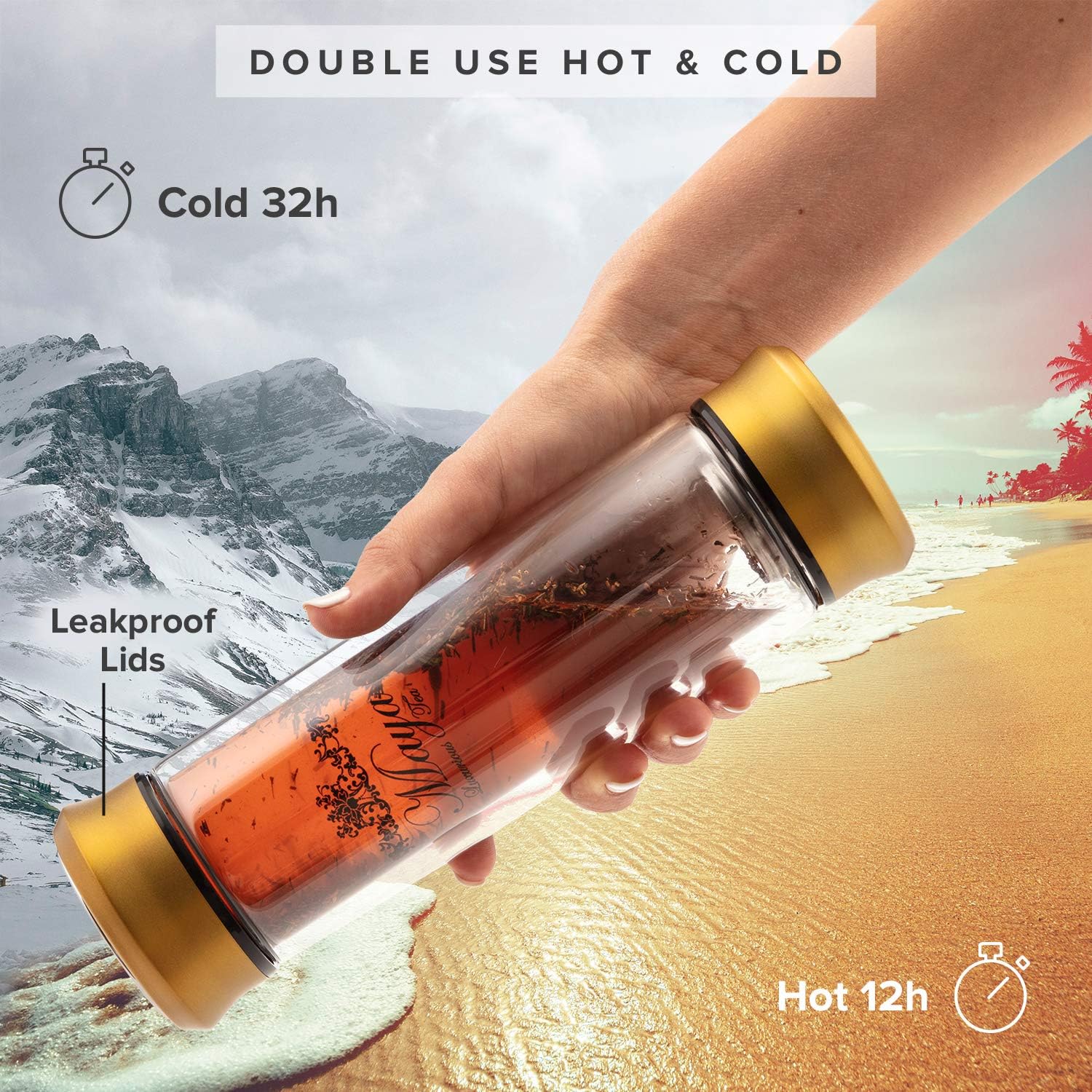 Tea Infuser Bottle Leakproof Double Wall Glass Travel Tea Mug with Stainless Steel Filter - BPA Free Tea Tumbler + Strainer for Loose Leaf Tea