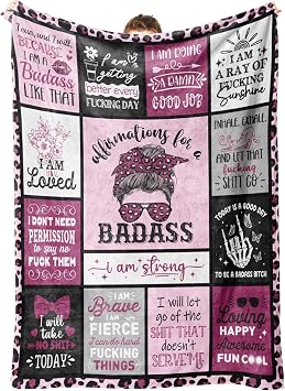 Craftique Funny Gifts for Women- Affirmations for a Badass Blanket- Birthday/Daily Motivational/Inspirational/Self Care Blanket for Women, Practical Badass Affirmations Blankets, Super Soft