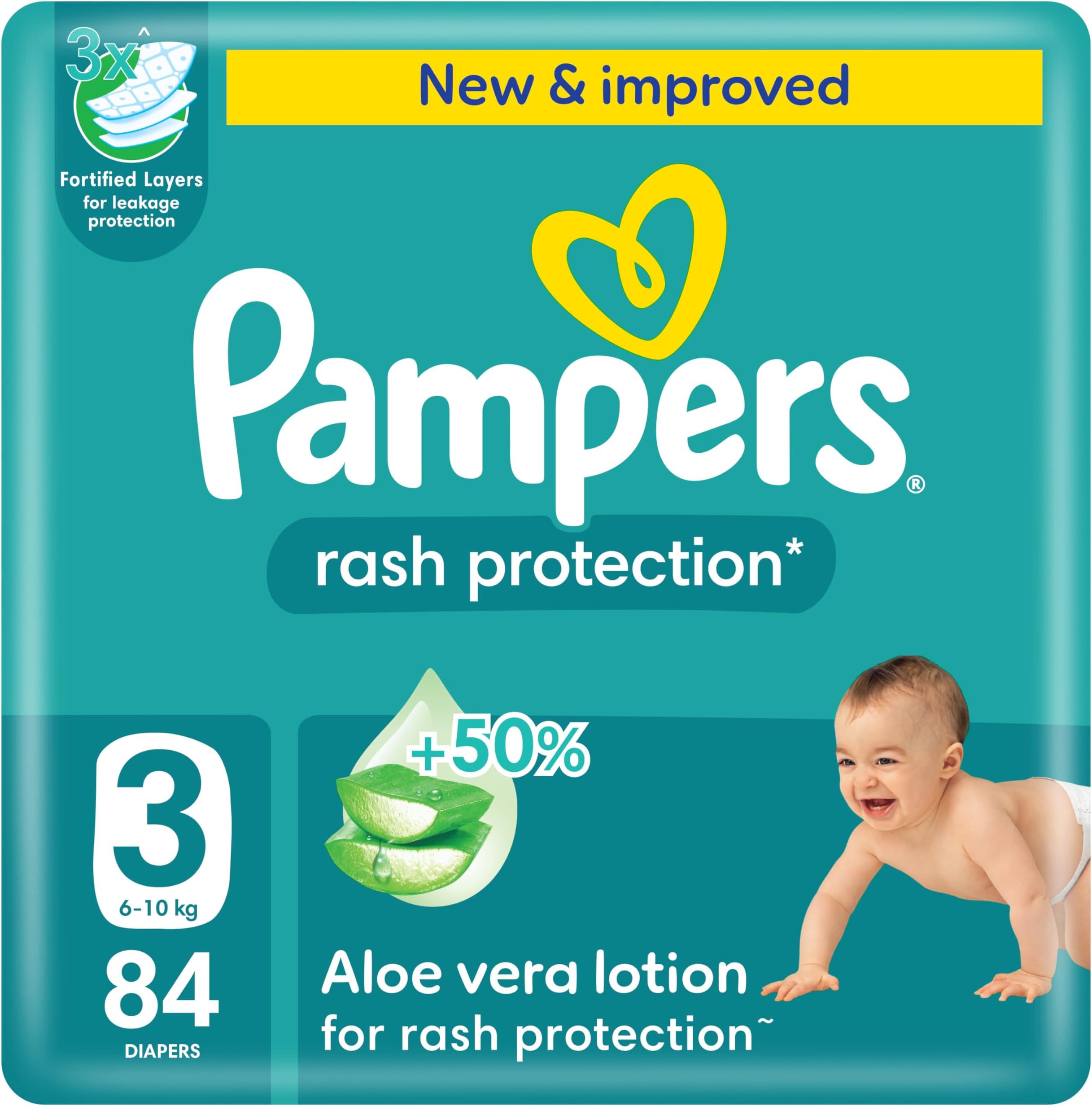 PampersRash Protection Taped Diapers, Size 3, 6-10kg, +50% Aloe Vera Lotion for Rash Protection, 3x Fortified Layers for Leakage Protection, Giant Pack, 84 Count