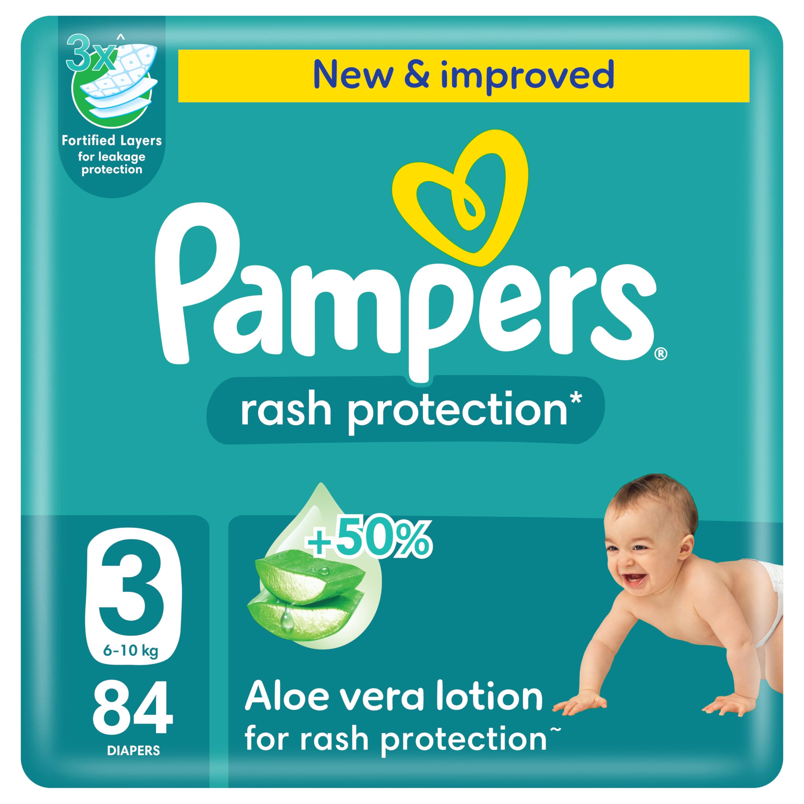 PampersRash Protection Taped Diapers, Size 3, 6-10kg, +50% Aloe Vera Lotion for Rash Protection, 3x Fortified Layers for Leakage Protection, Giant Pack, 84 Count