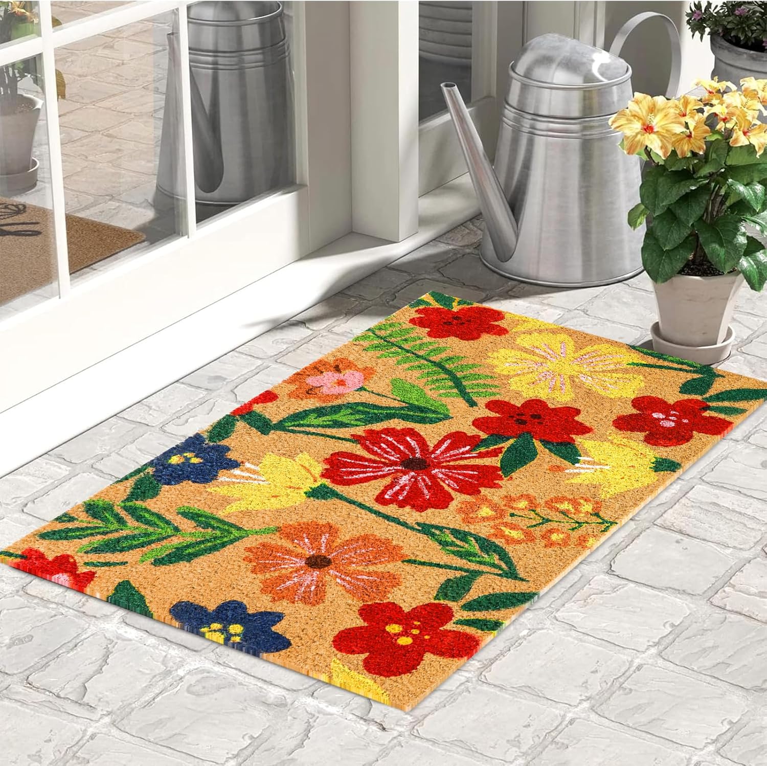 FYSUIMU Summer Floral Natural Coir Doormat Non-Slip Bright Blossom Entrance Door Rugs for Spring Indoor Outdoor Home Bathroom Decor, 16.5 x 29 Inch