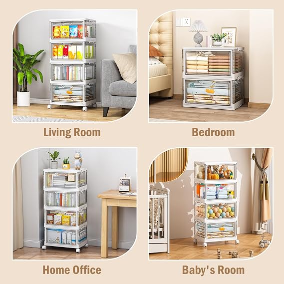 Storage Boxes with Lid - Plastic Storage Bins with 1 Lid,28L*4Tier Clear Stackable Storage Boxes with Wheels,Large Bins Organizer for Bedroom Living Room Bathroom, Clear