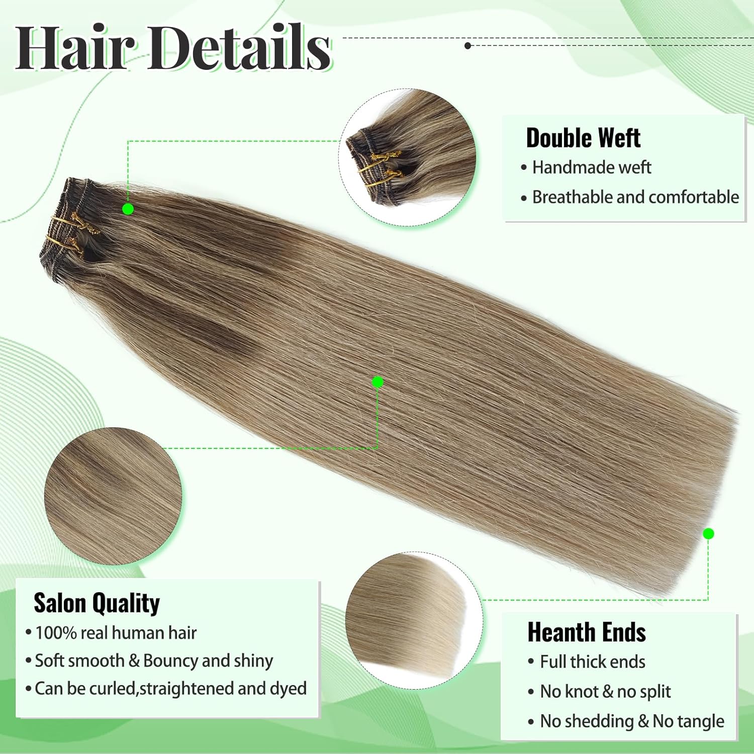 Hair Extensions Real Human Hair Clip ins, 18 Inch Hair Extension Clips Golden Brown with Dirty Blonde Fading to Dirty Blonde Highlights 70g 5pcs Remy Human Hair Clip in Extensions for Women