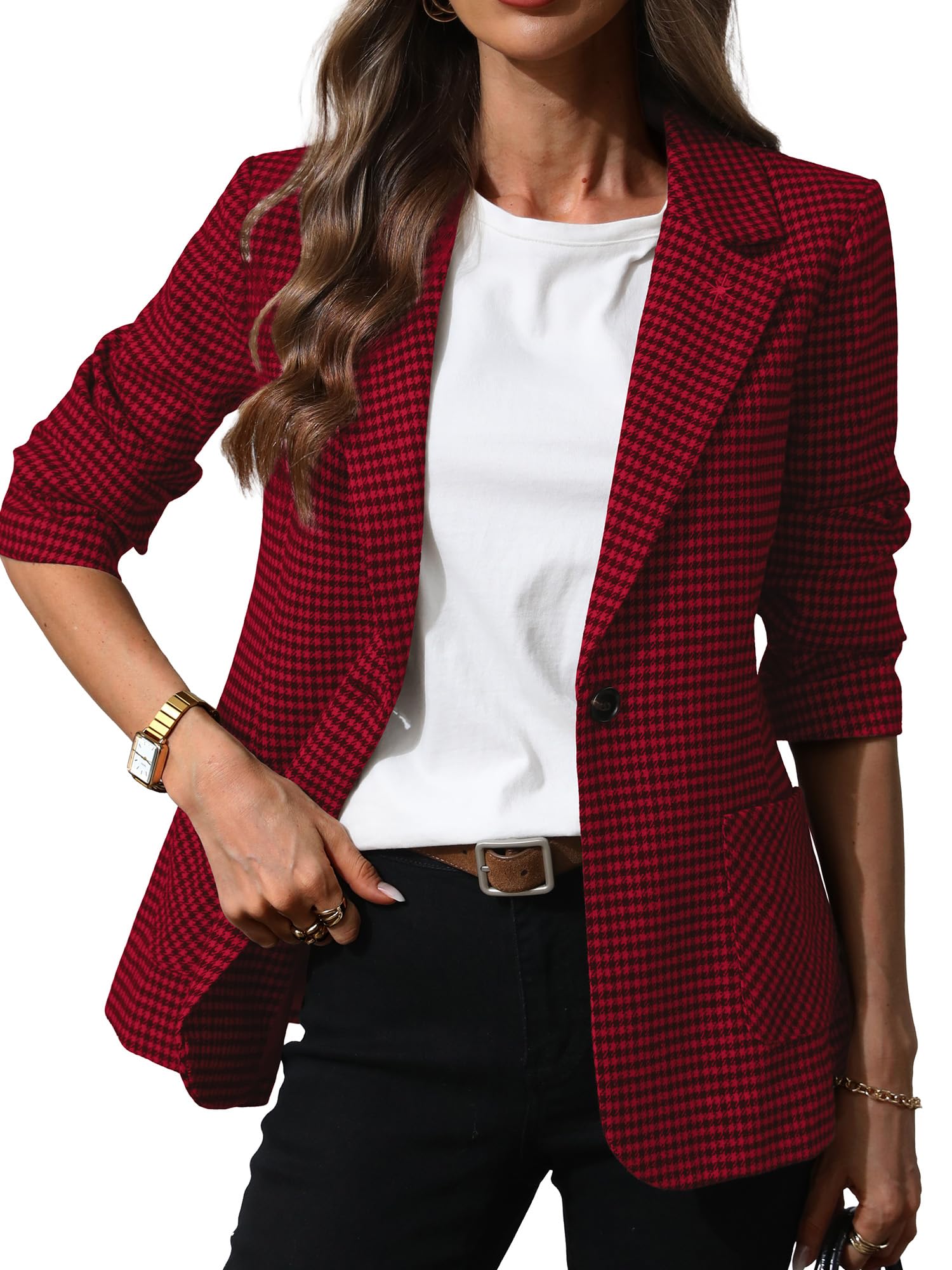 elleven 2025 Women's Houndstooth Plaid Blazers with Embroidered Collar, Business Casual Work Office Jacket with Pockets-picture-39