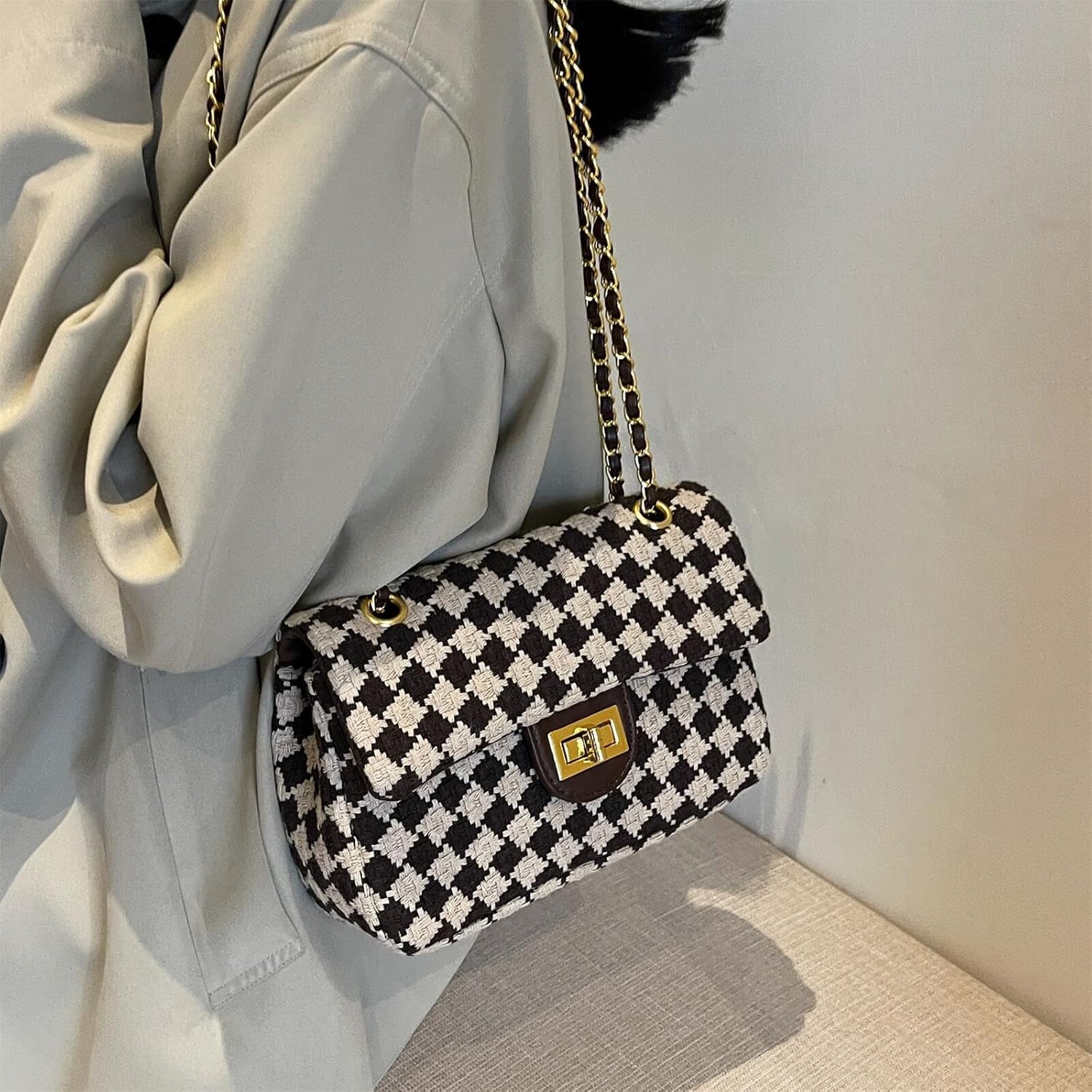 Houndstooth Chain Shoulder Cross body Bag for Women Handbag and purse Fashion Woolen Cloth Clutch - Image 3