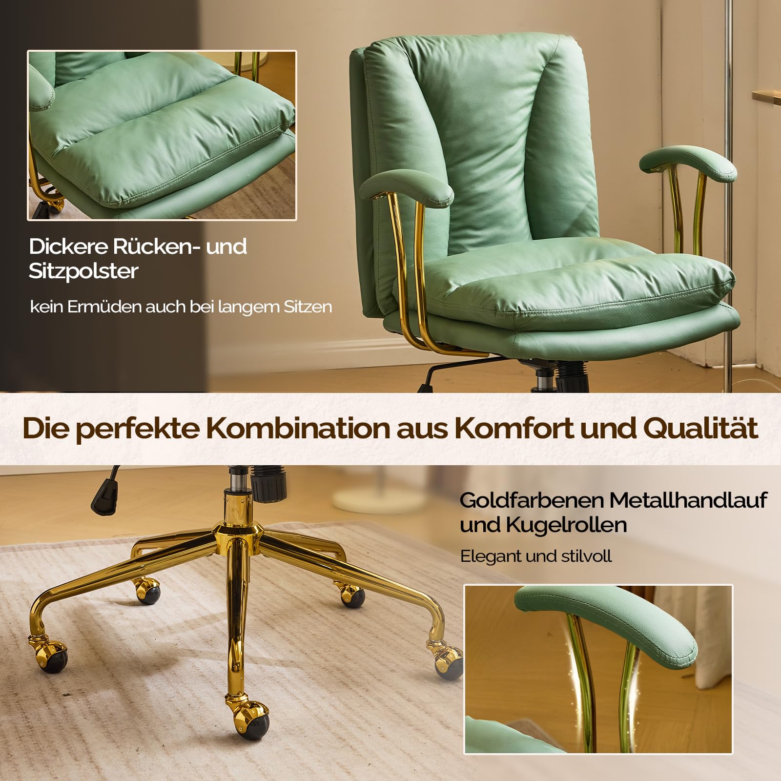 Bonnlo Bürostuhl Ergonomisch, Schreibtischstuhl mit Goldenen Armlehnen, Chefsessel, Drehstuhl mit Rollen, Höhenverstellbar & Kippfunktion, Homeoffice (Kratzfestes Leder, Grün)
