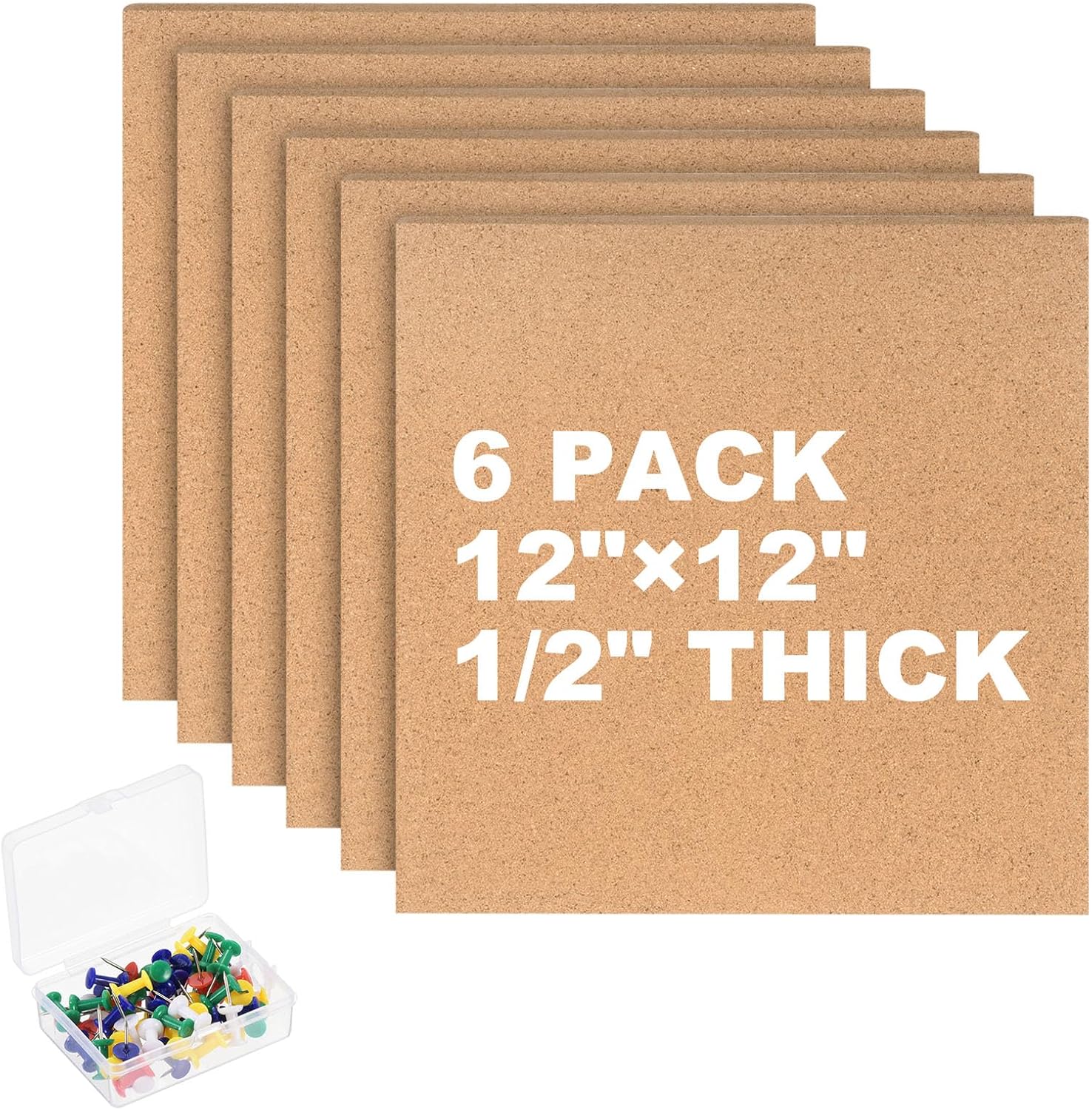 PATIKIL Cork Board Tiles, 6 Pack 12" x 12" Cork Board Bulletin Board, 1/2" Thick, Small Square Pin Board with Self Adhesive, 50 Push Pin Wood Clips for Wall, Home & Office