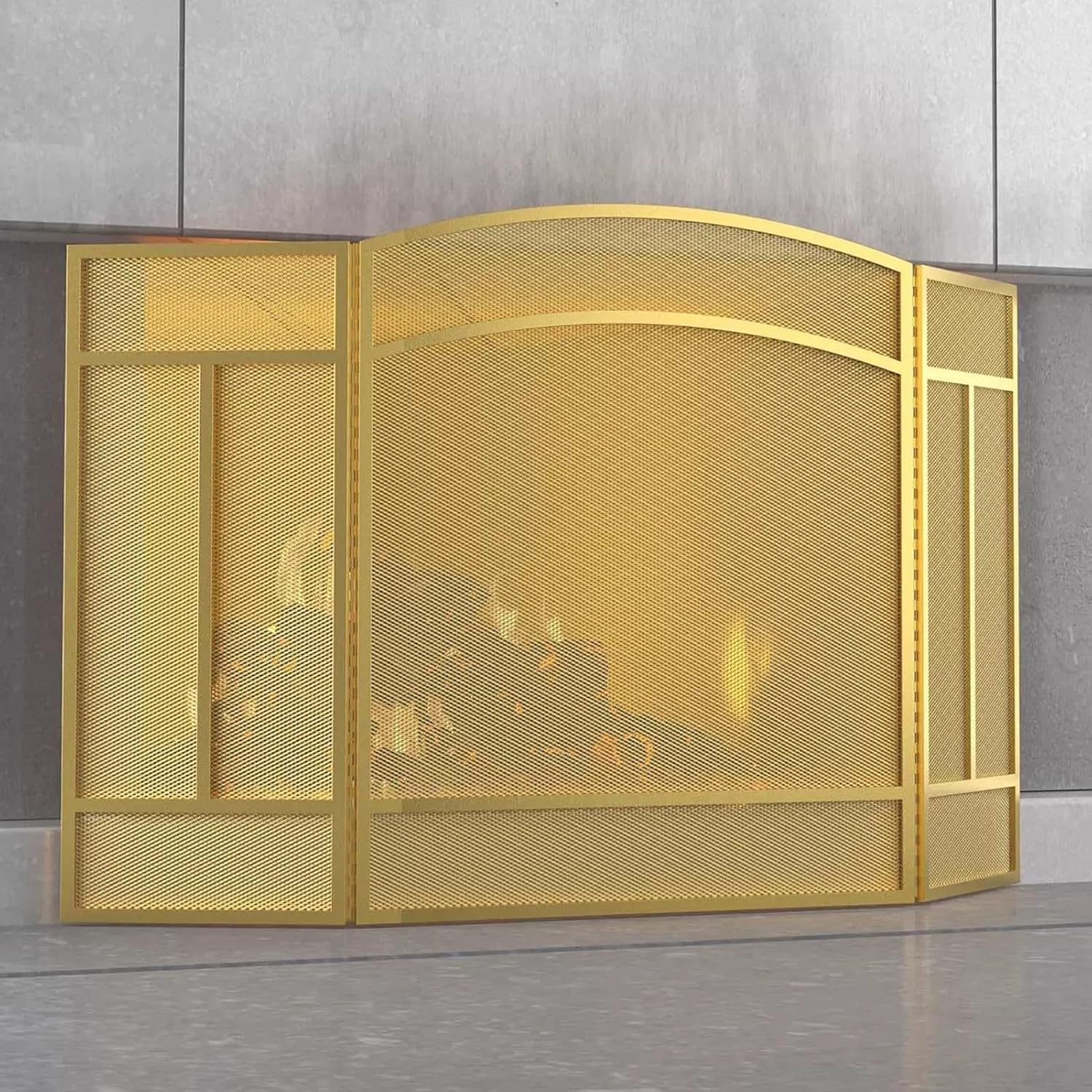 JKGHK Foldable Metal Fireplace Screen, 3 Panel Arch Spark Guard Cover, Floor Black Fire Spark Guard Grate, Heavy Duty Fire Spark Guard Cover for Home Decor, Indoor(Gold)