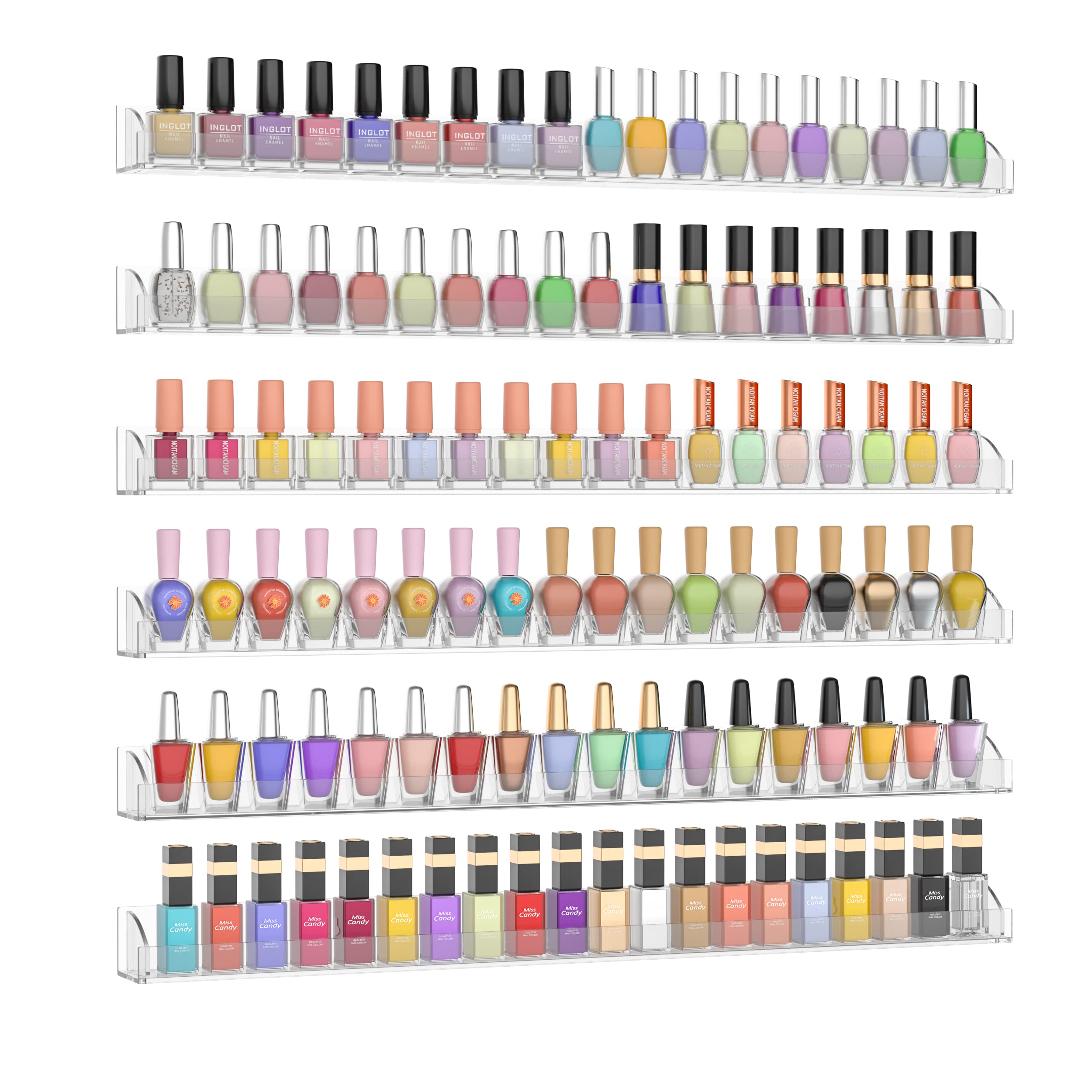 Photo 1 of Hexsonhoma 24 Inch Clear Nail Polish Wall Rack with Removable End Caps Set of 6, Acrylic Nail Polish Organizer Wall Mounted,Nail Polish Sorage Shelves for 150 Bottles (24 Inch)