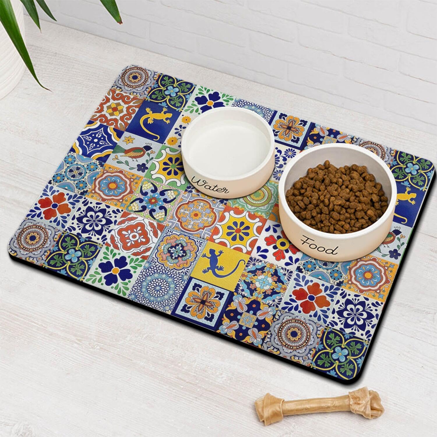 Moroccan Trellis Dog Food & Water Mat,Mexican Talavera Boho Colorful Colorful Pet Feeding Mat for Floor Non-Slip Waterproof, Super Absorbent Cat Bowl Mat, Easy to Clean Durable Pet Placemat,16" ร 24" โ image 1