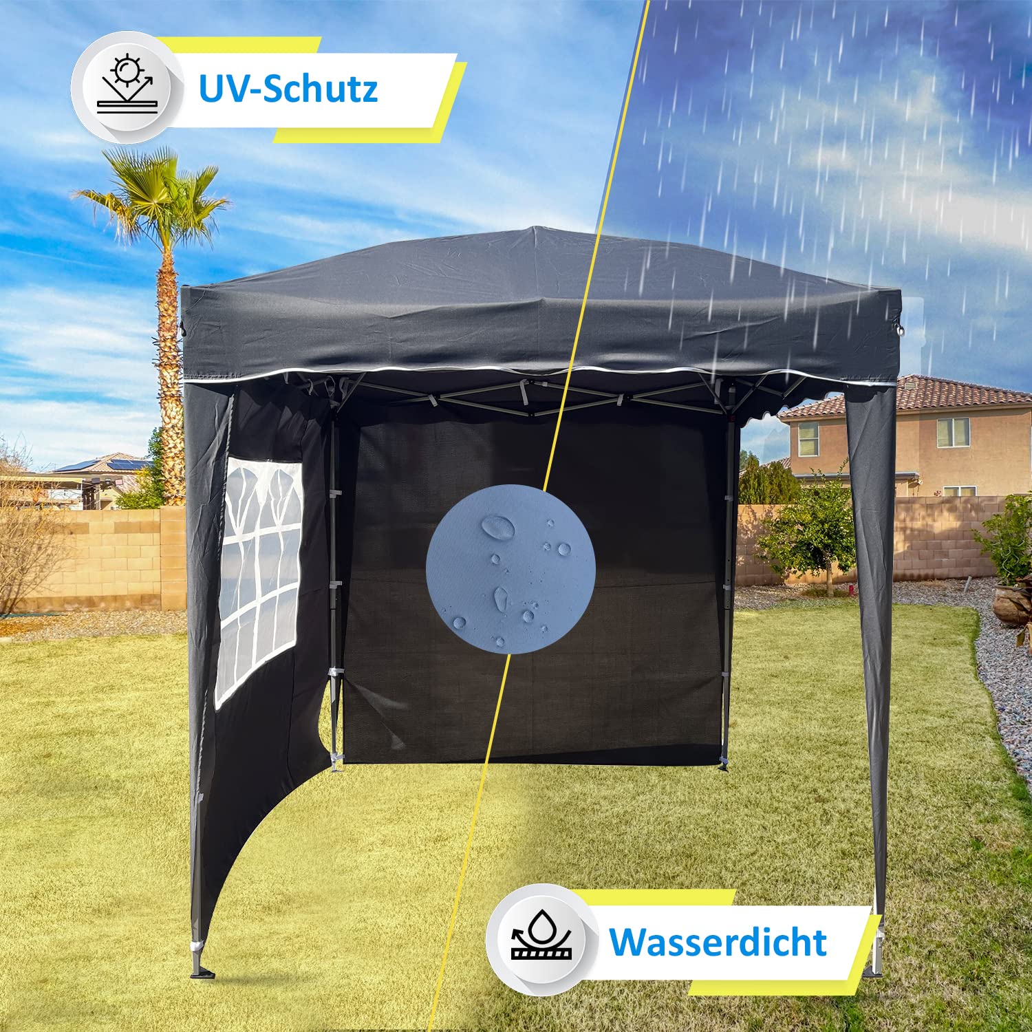 Defacto Vouwpaviljoen, 2 x 2 m, paviljoen, tuintent, incl. 2-zijpanelen, pop -up opvouwbaar, 100% polyester, waterdichte draagtas, spaanlijnen en haring, grijs Defacto Vouwpaviljoen, 2 x 2 m, paviljoen, tuintent, incl. 2-zijpanelen, pop -up opvouwbaar, 100% polyester, waterdichte draagtas, spaanlijnen en haring, grijs