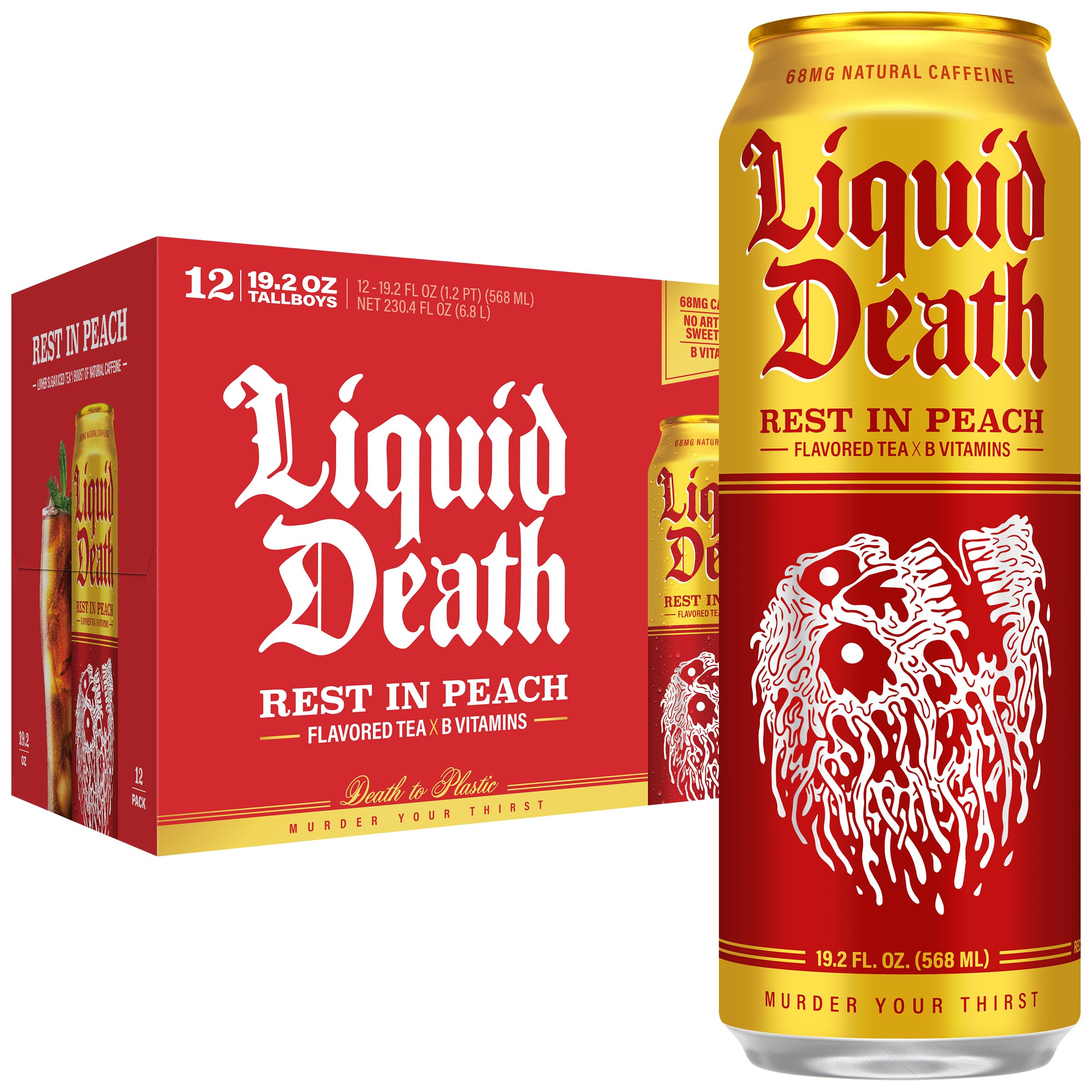 Liquid Death Iced Tea - Rest In Peach (Peach-Flavored Black Tea), Less Sugar*, Boost of Caffeine, B Vitamins, No Artificial Sweeteners, King Size 19.2