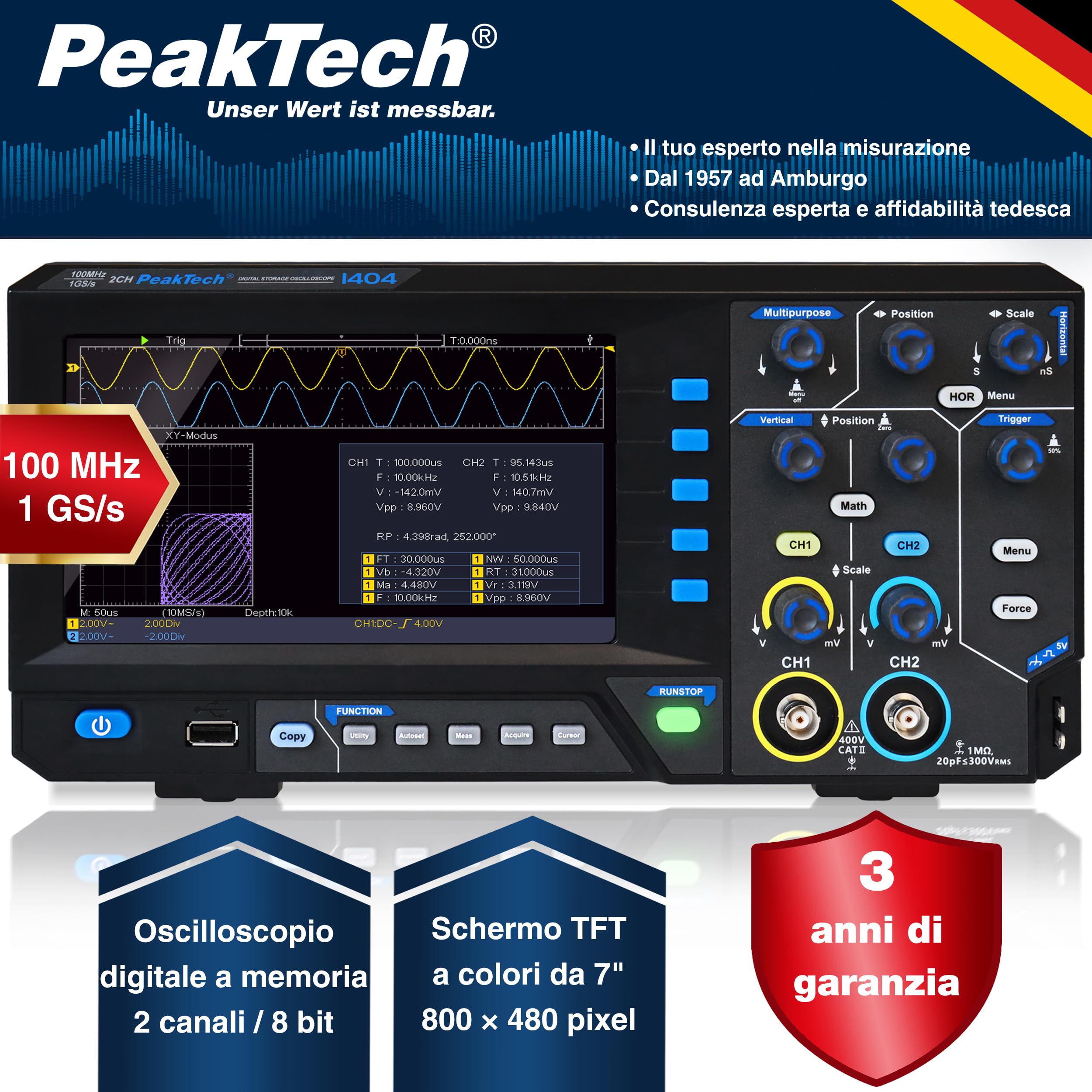 PeakTech 1404 - Oscilloscopio digitale a 2 canali [3 anni di garanzia] 100 MHz, 1GS/s, interfaccia USB, software per PC, oscilloscopio P 1404, nero, oscilloscopio USB, oscilloscopio multimetro