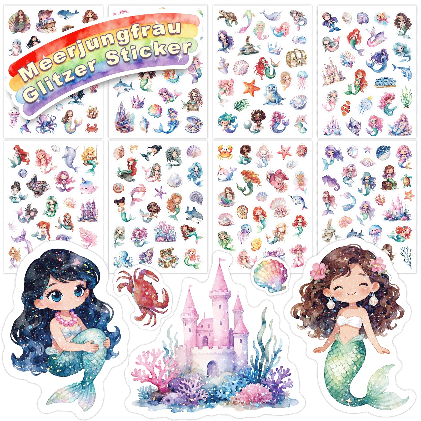 Mermaid Glitter Stickers for Kids,8 PCS Cute Mermaid Stickers for Scrapbooking, Teachers Classroom Prizes, Birthday Gift Idea, Party Favors,Laptop Stickers for Girls Boys Students Decorations