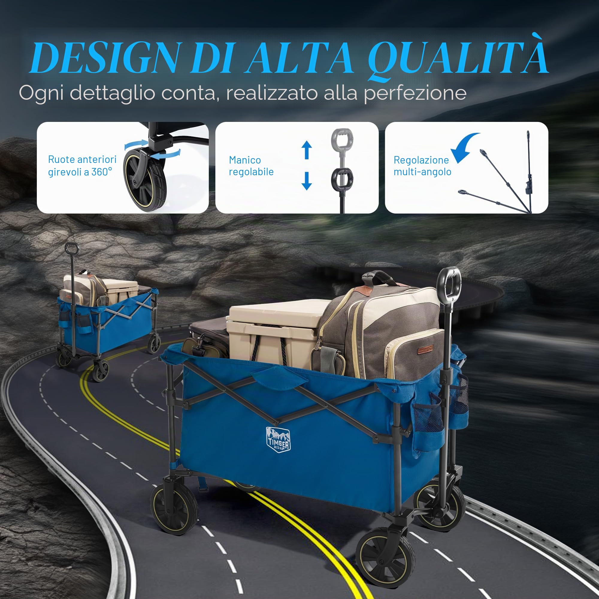 TIMBER RIDGE Carrello Pieghevole Spiaggia 200L con Portabevande Manico Regolabile, Carrello da Giardino per Tutti i Terreni Esterni Campeggio Portata 150kg