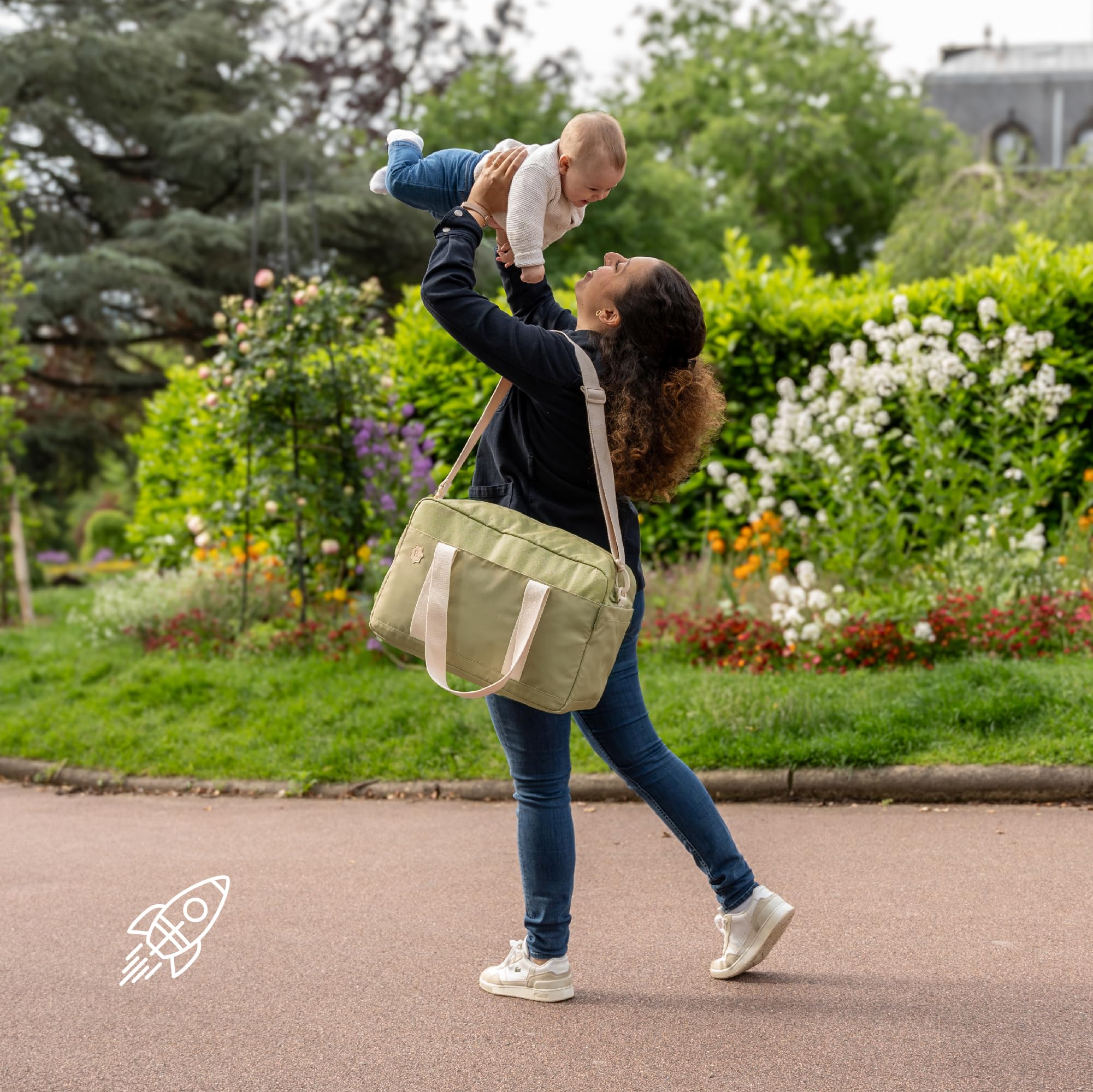 Badabulle Sac à langer Bowling, Grande Contenance 26L, Nombreuses poches, Matelas à langer inclus, Olive