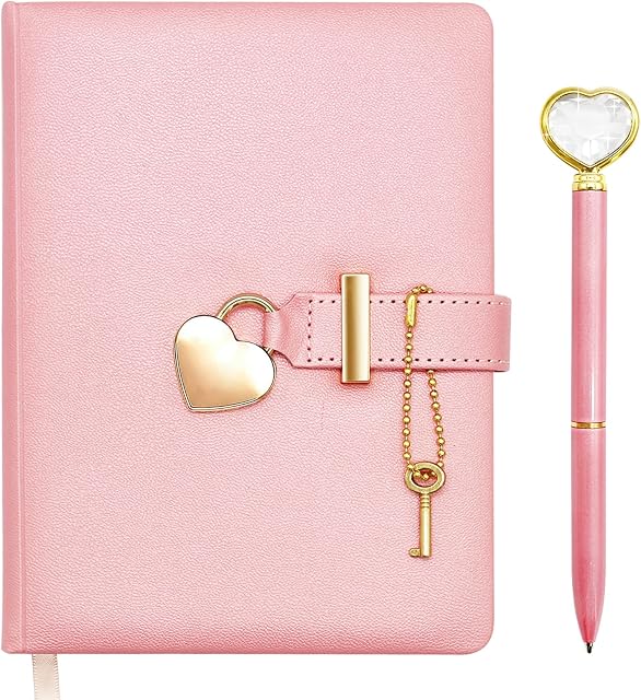 Hioph Secret Diary with Lock, Heart Shaped Lock Diary with Key, PU Leather Cover Secret Notebook Stationery Set with Heart Diamond Pen, Planner Organizers Journal for Girl Birthday Gift