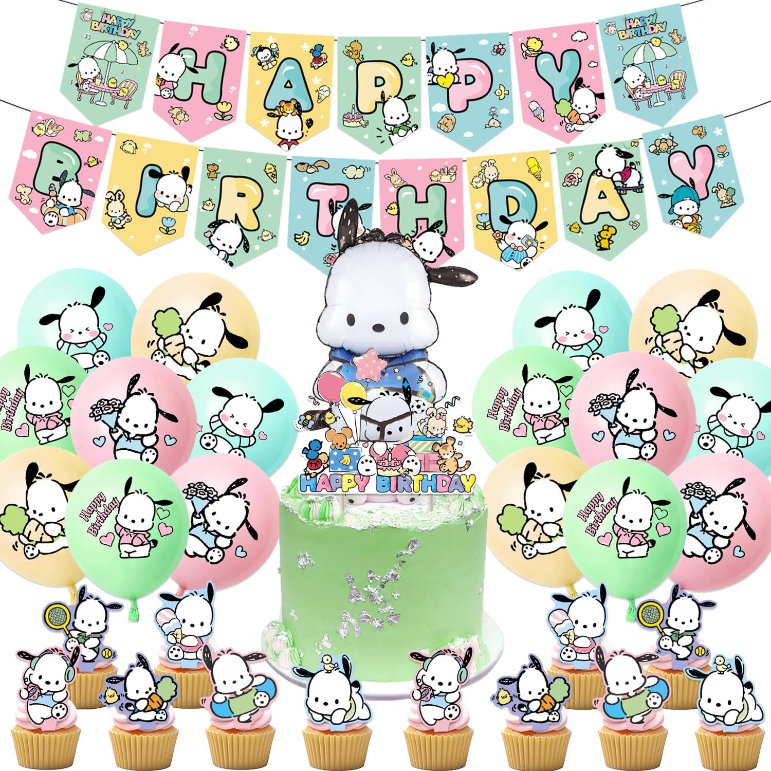 Pochacco Birthday Party Decorations, Kawaii Cartoon Party Supplies with Banner, Cupcake Cake Toppers and Foil Balloons Party Favors for Fans Birthday Background Decorations