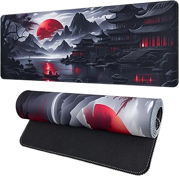 Large Gaming Mouse Pad, Anime Black Mousepad with Stitched Edges, Expanded Cool Desk Mat, Japanese Red Moon XL Keyboard Mat Suitable for Home Office,31.5 X 11.8 Inch