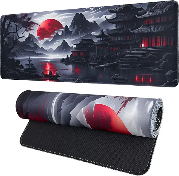Vanzard Large Gaming Mouse Pad, Anime Black Mousepad with Stitched Edges, Expanded Cool Desk Mat, Japanese Red Moon XL Keyboard Mat Suitable for Home Office,31.5 X 11.8 Inch