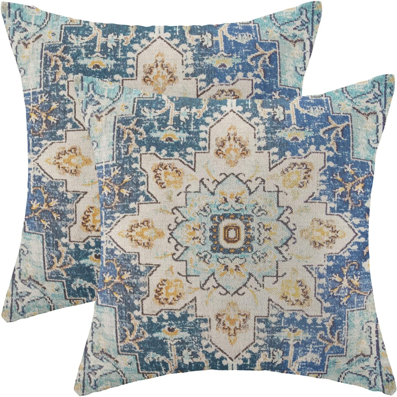 Boho Pillow Covers 18x18 Set of 2, Blue Yellow Carpet Pattern Decorative Throw Pillows Linen Ethnic Design Farmhouse Cushion Pillow Covers for Sofa Couch Outdoor Decor