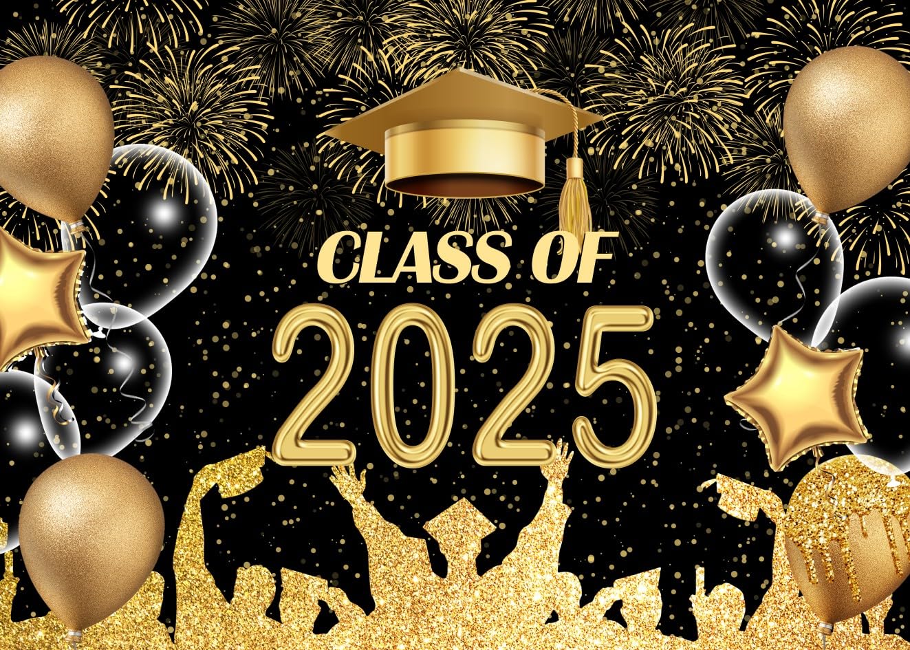 LYCGS 7x5ft Graduation Backdrop Black and Gold 2025 Graduation Party Backdrop for Class Celebration Prom Decor Banner X-114