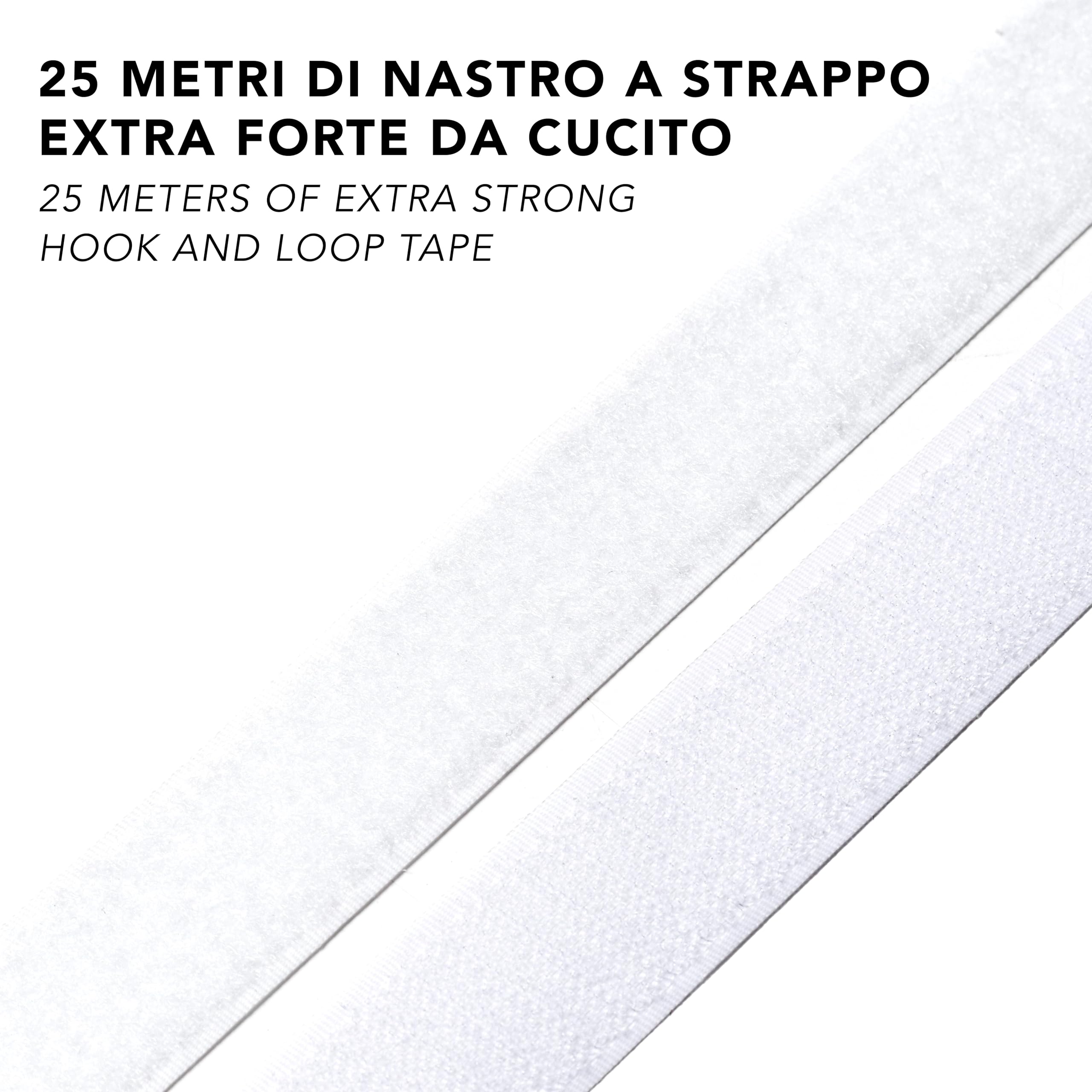 IPEA Cinta de velcro para coser, 20 mm, color blanco, 25 metros de longitud, fabricada en Italia, no adhesiva, velcro de costura para decoración, ropa, gancho y anillo