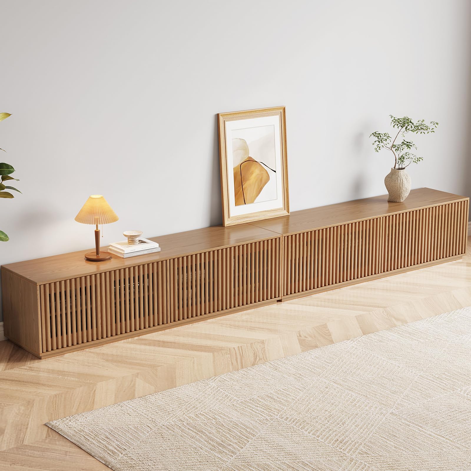 Guyii 125inch Wood Color TV Stand for 65-75Inch TV Farmhouse Enterment Center TV Console with Storage CabinetsMid-Century Media Console for Living