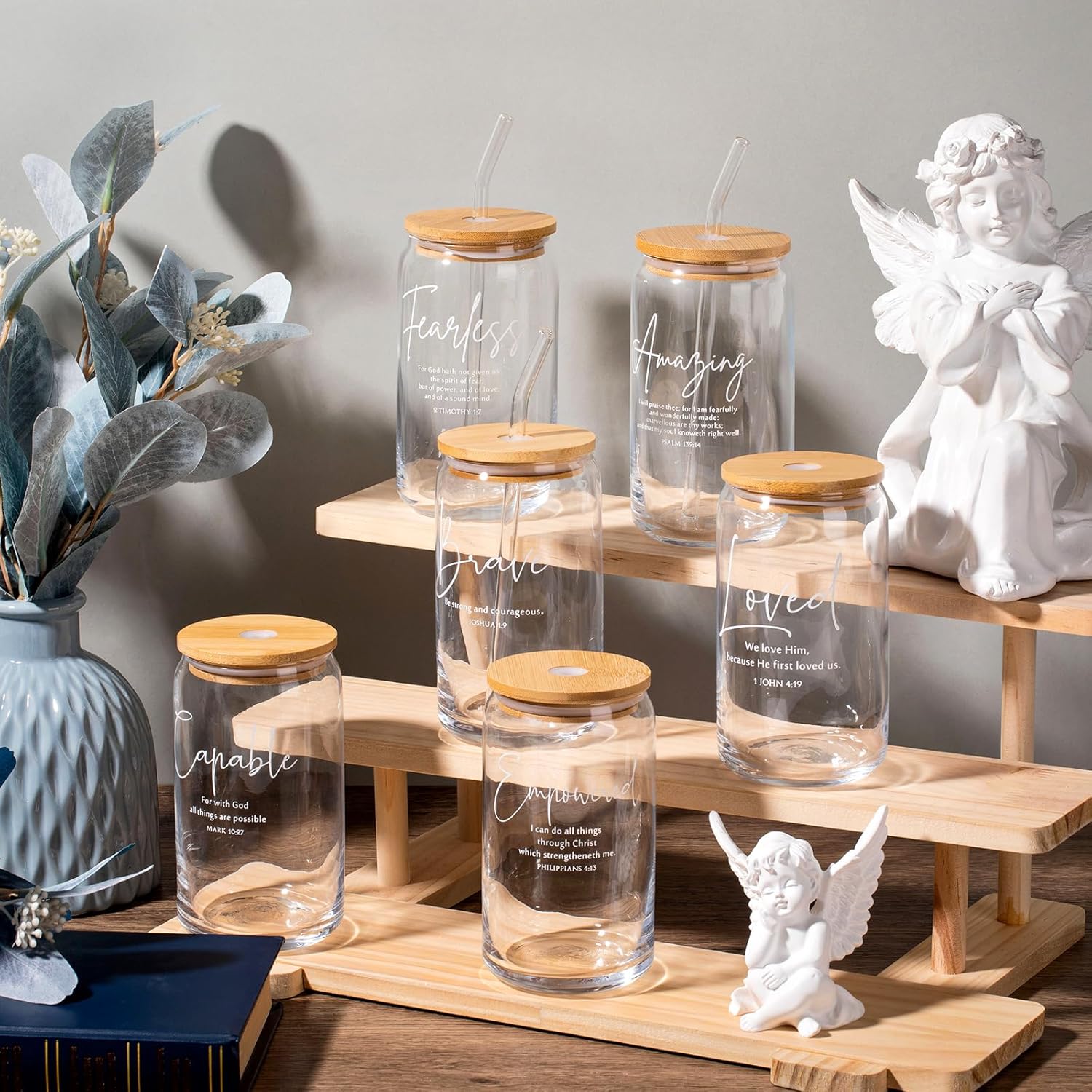 6 Pcs Christian Easter Gifts Bulk 16 oz Bible Verse Glass Cups with Bamboo Lids and Straw Christian Mothers Day Church Gifts Bible Verse Religious Coffee Cup for Women Men Clergy - Image 3